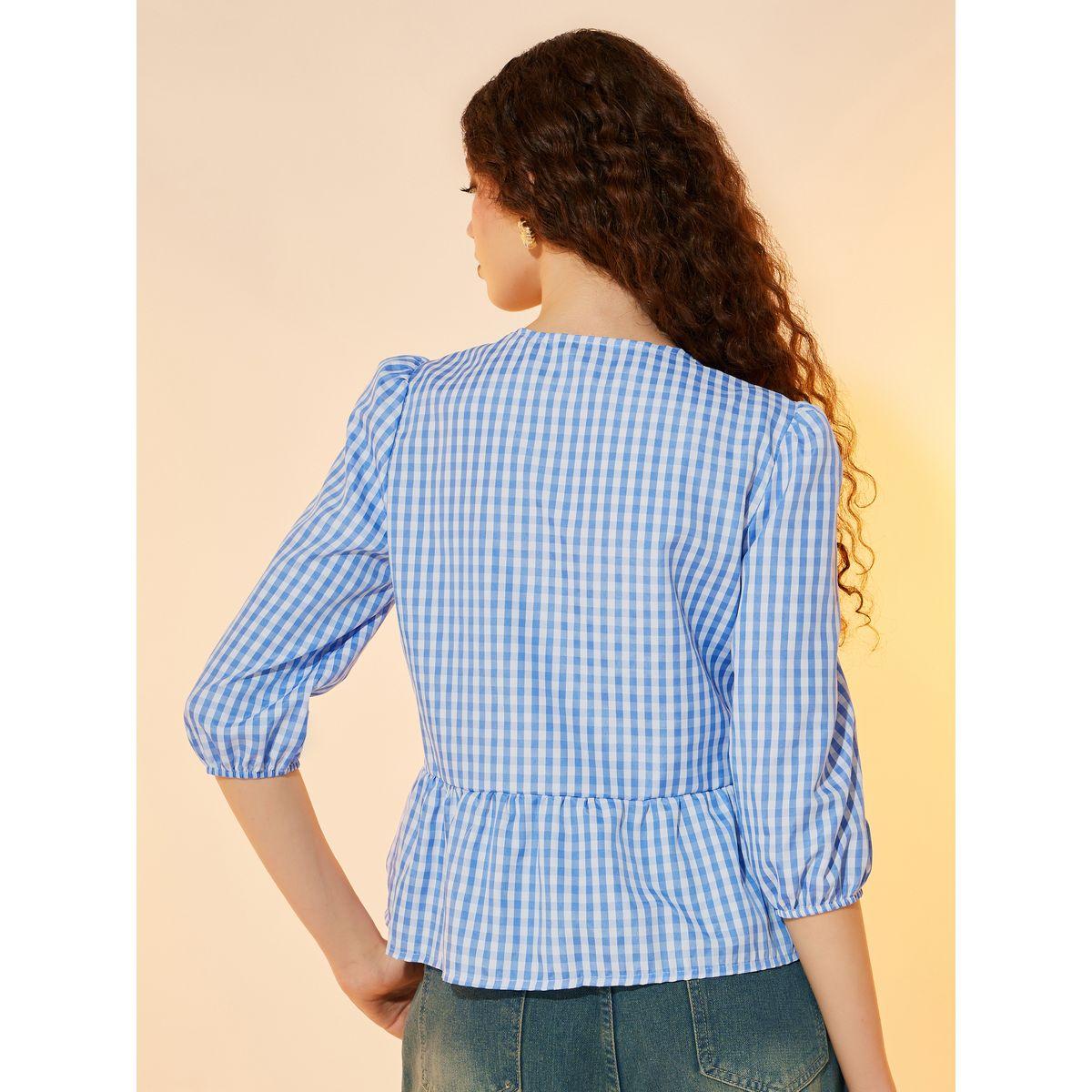 بلوزة بطبعة جينغام وأكمام 3/4 مع اربطة-women-clothing-shirtsandblouses-blouses-image-1