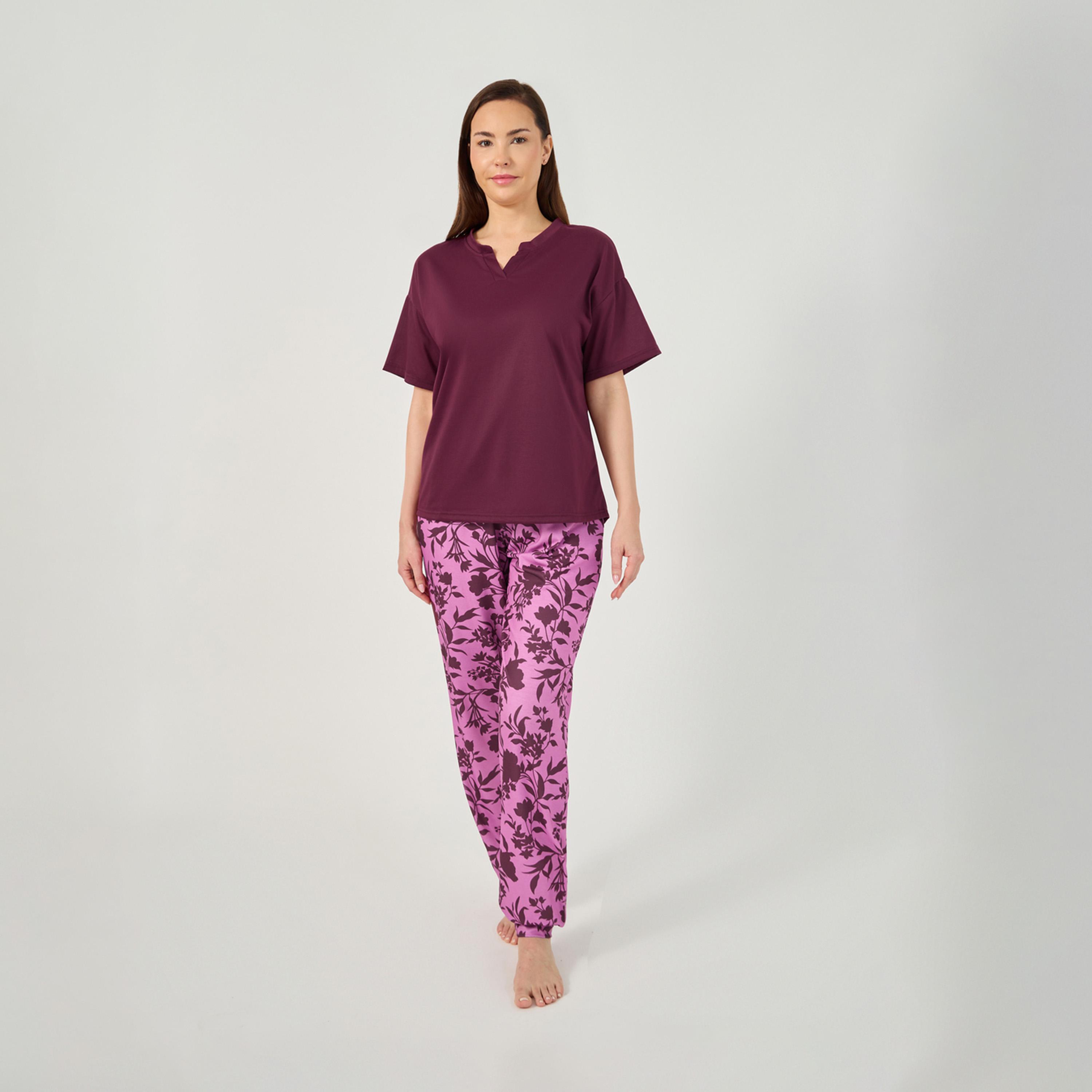 Styli Notch Neck Drop Shoulder T-Shirt And Pyjama Set-women-clothing-nightwear-pyjamas-longsets-image-1