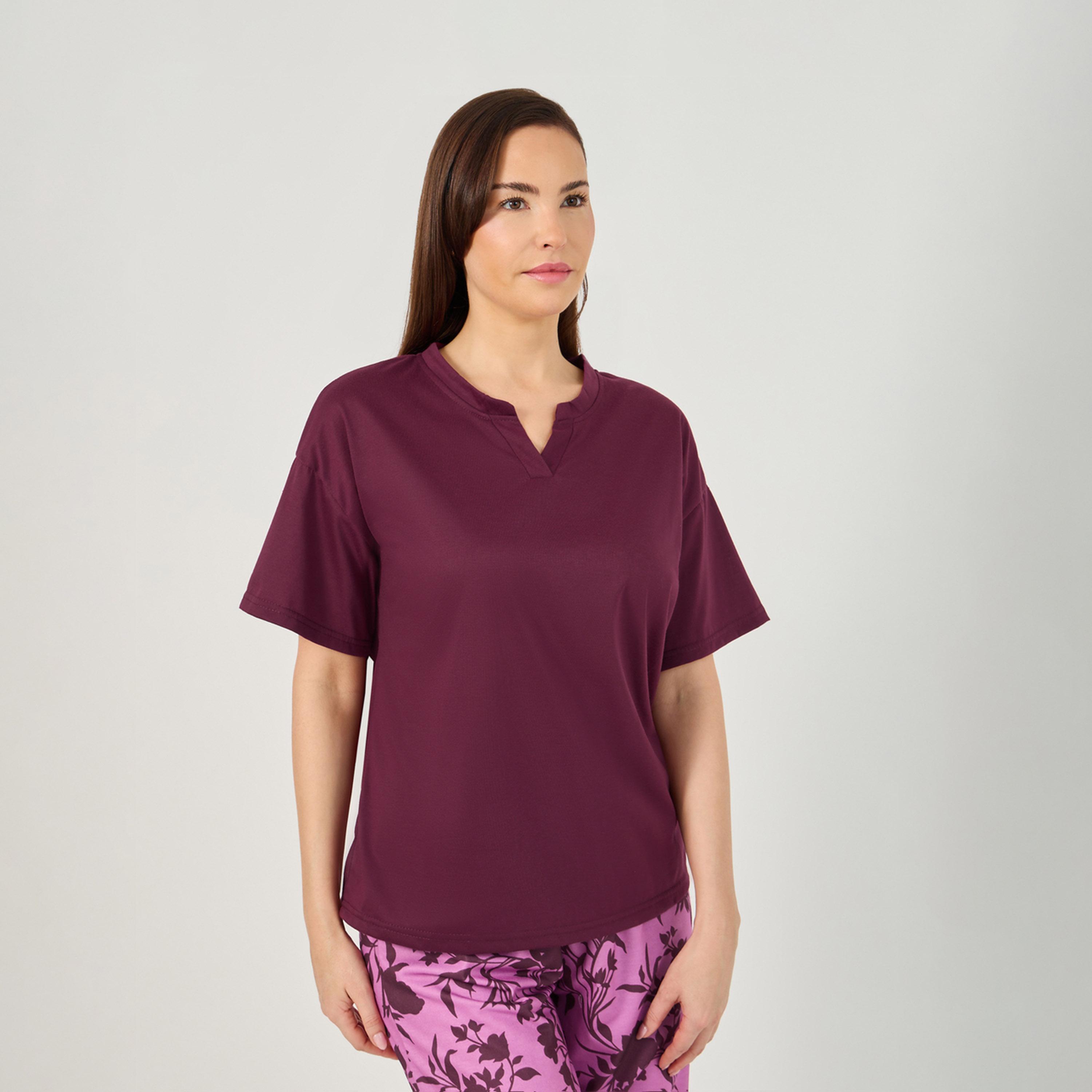 Styli Notch Neck Drop Shoulder T-Shirt And Pyjama Set-women-clothing-nightwear-pyjamas-longsets-image-2