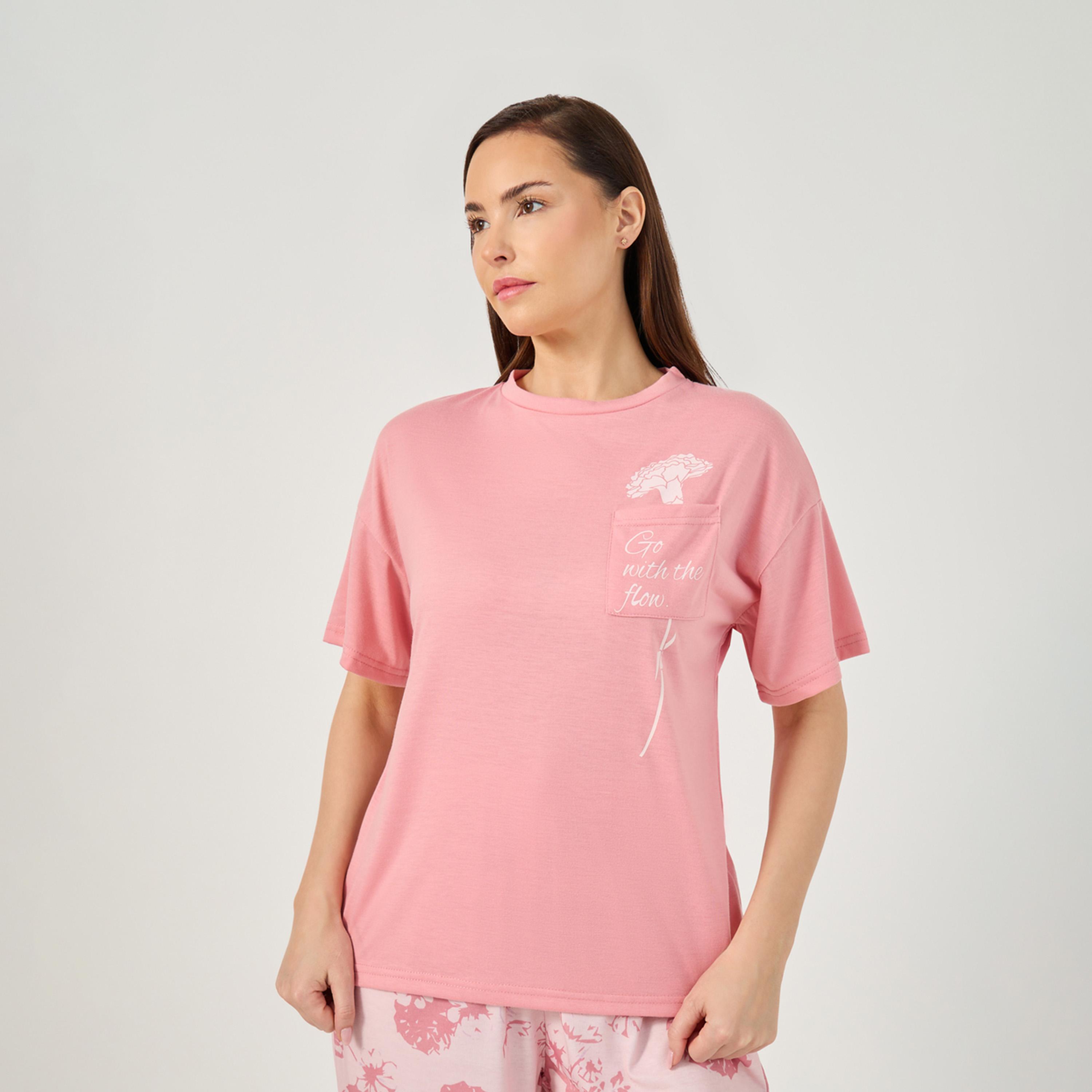 Styli Slogan Print Pocket Detail T-Shirt And Pyjama Set-women-clothing-nightwear-pyjamas-longsets-image-3