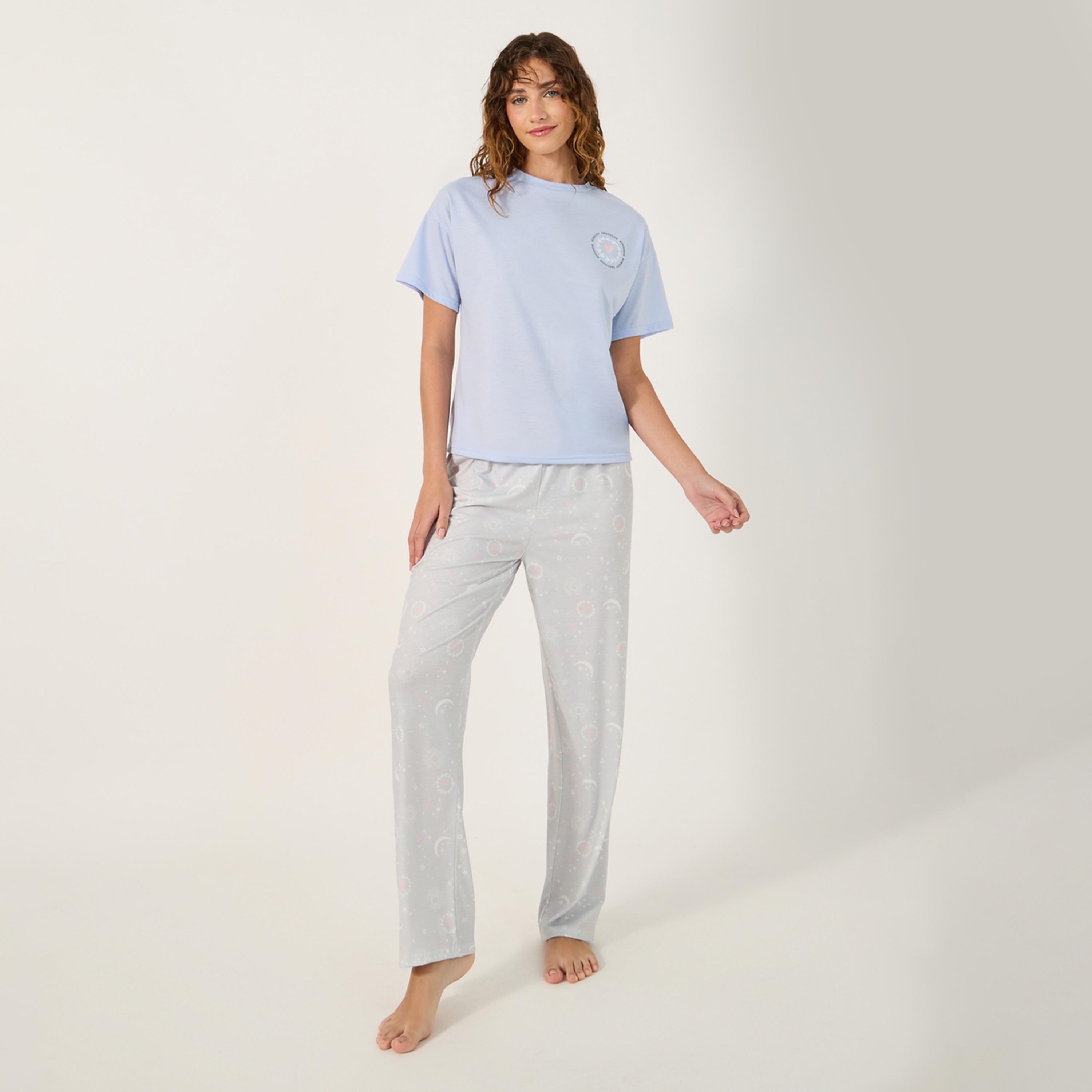 Styli Graphic Print Round Neck T-Shirt and Pyjama Set-women-clothing-nightwear-pyjamas-longsets-image-1