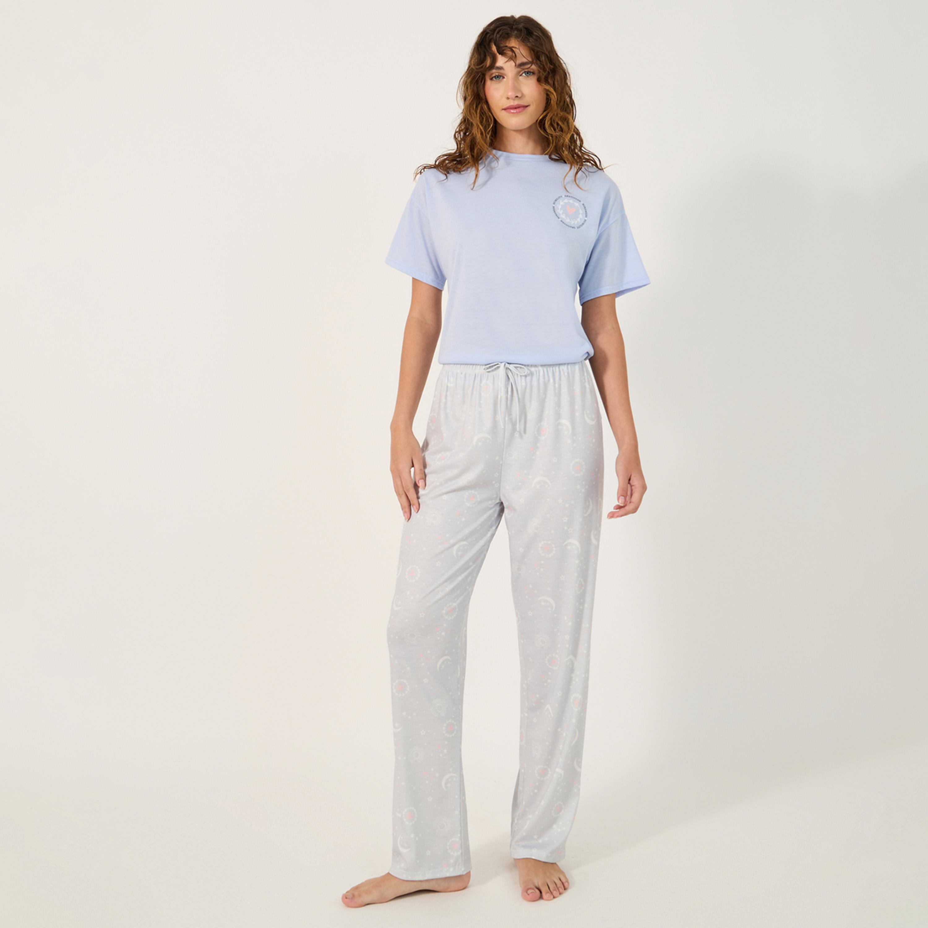 Styli Graphic Print Round Neck T-Shirt and Pyjama Set-women-clothing-nightwear-pyjamas-longsets-image-2