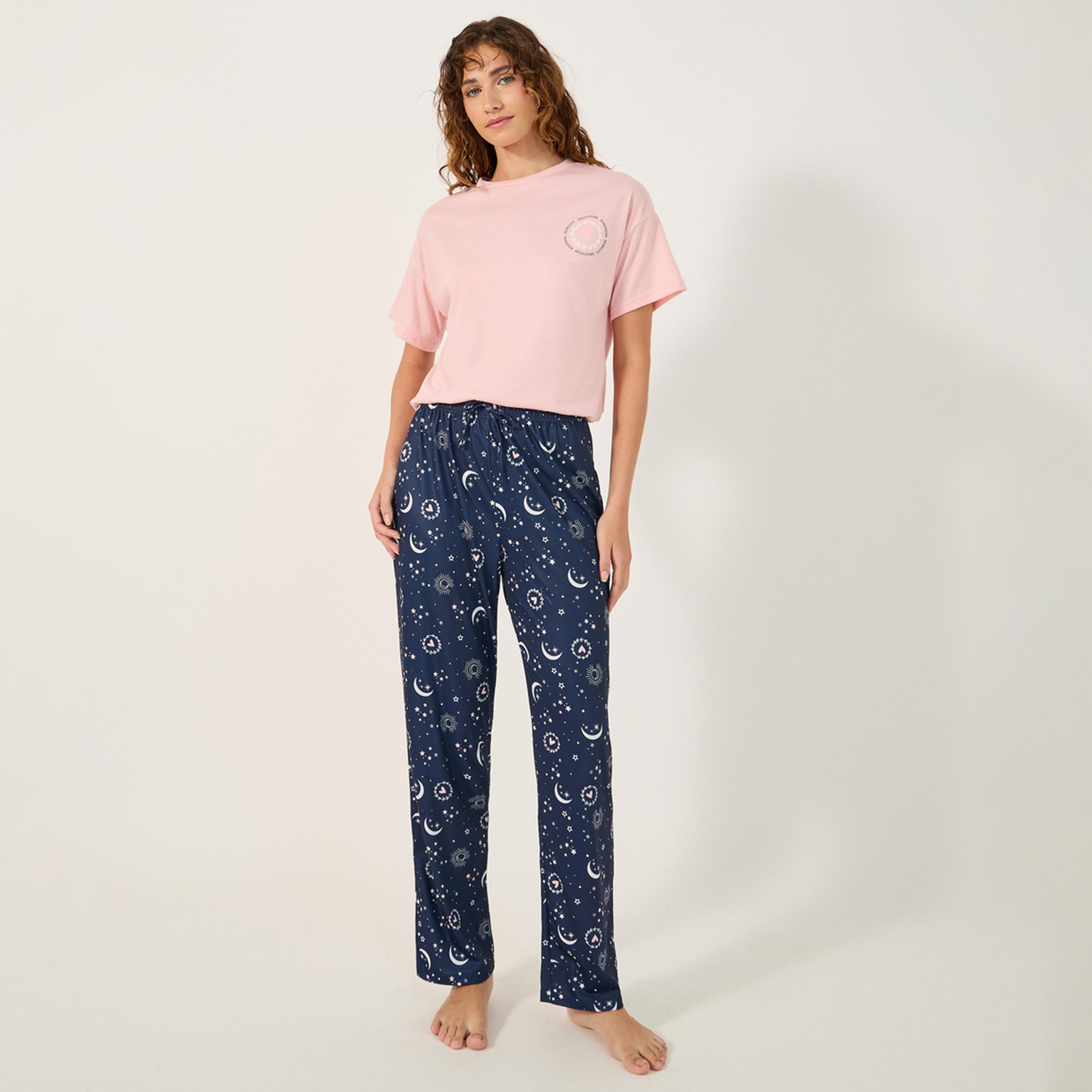 Styli Graphic Print Round Neck T-Shirt and Pyjama Set-women-clothing-nightwear-pyjamas-longsets-image-2