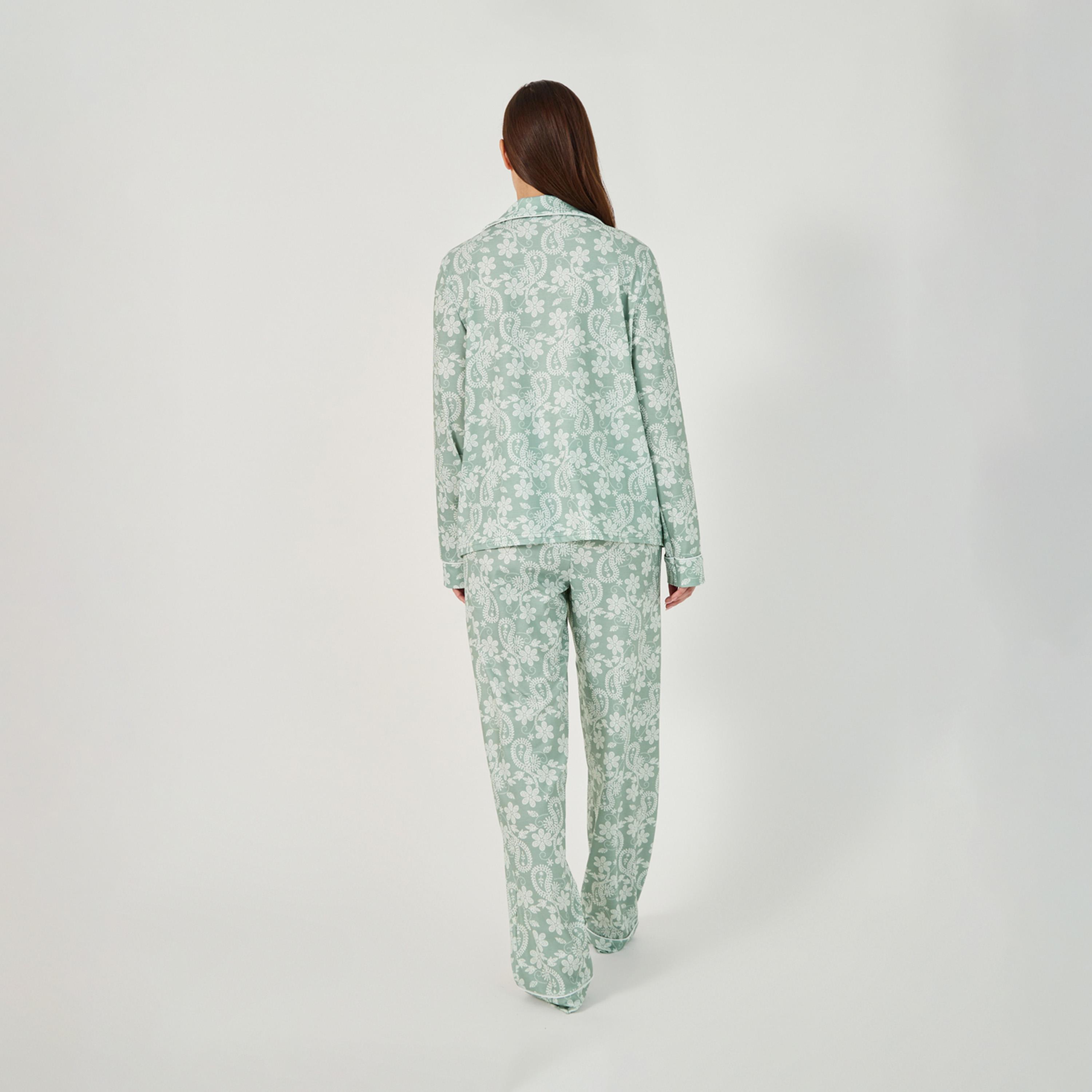 ستايلي - طقم بنطال بيجامة وقميص بأكمام طويلة بطبعة زهور-women-clothing-nightwear-pyjamas-longsets-image-5
