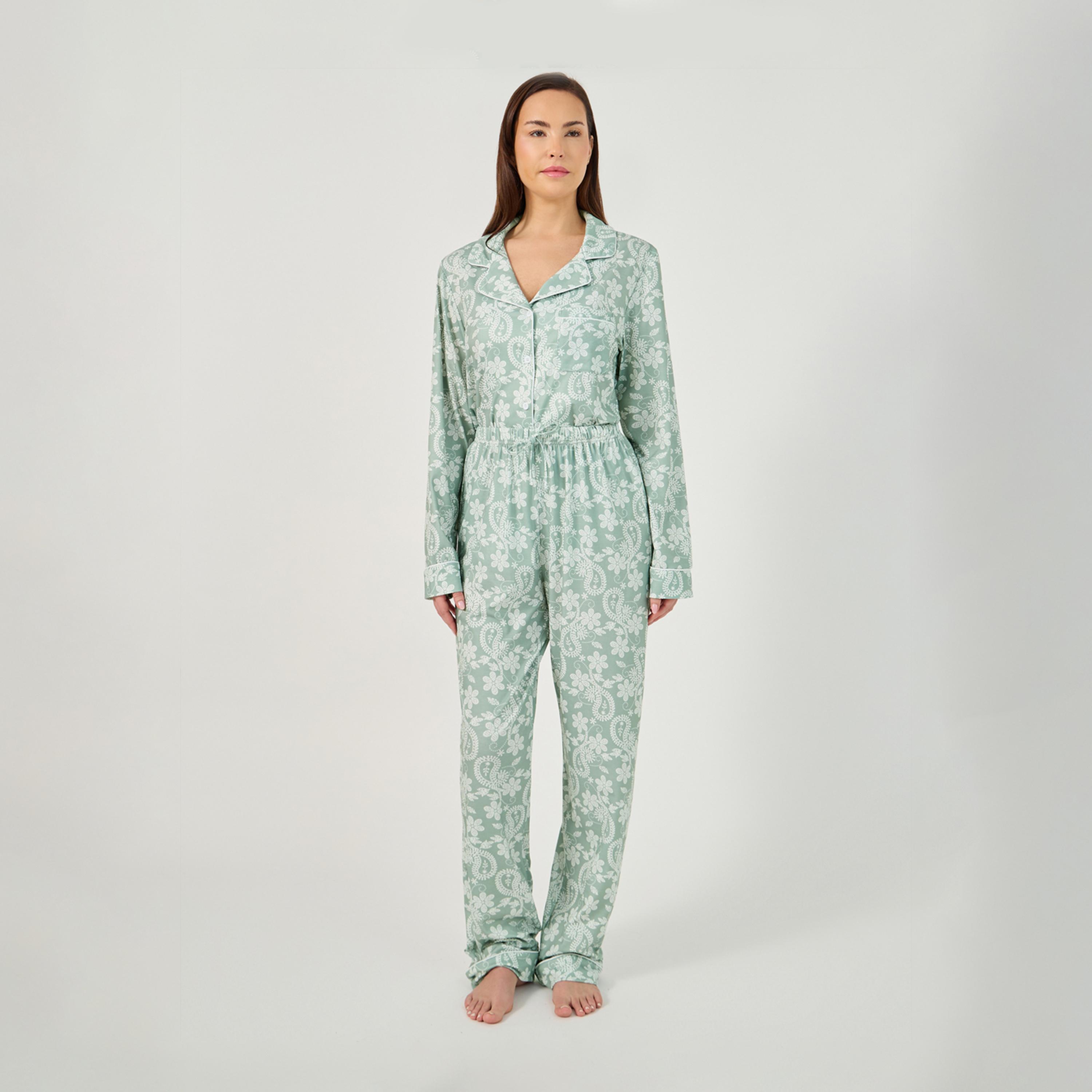 ستايلي - طقم بنطال بيجامة وقميص بأكمام طويلة بطبعة زهور-women-clothing-nightwear-pyjamas-longsets-image-6