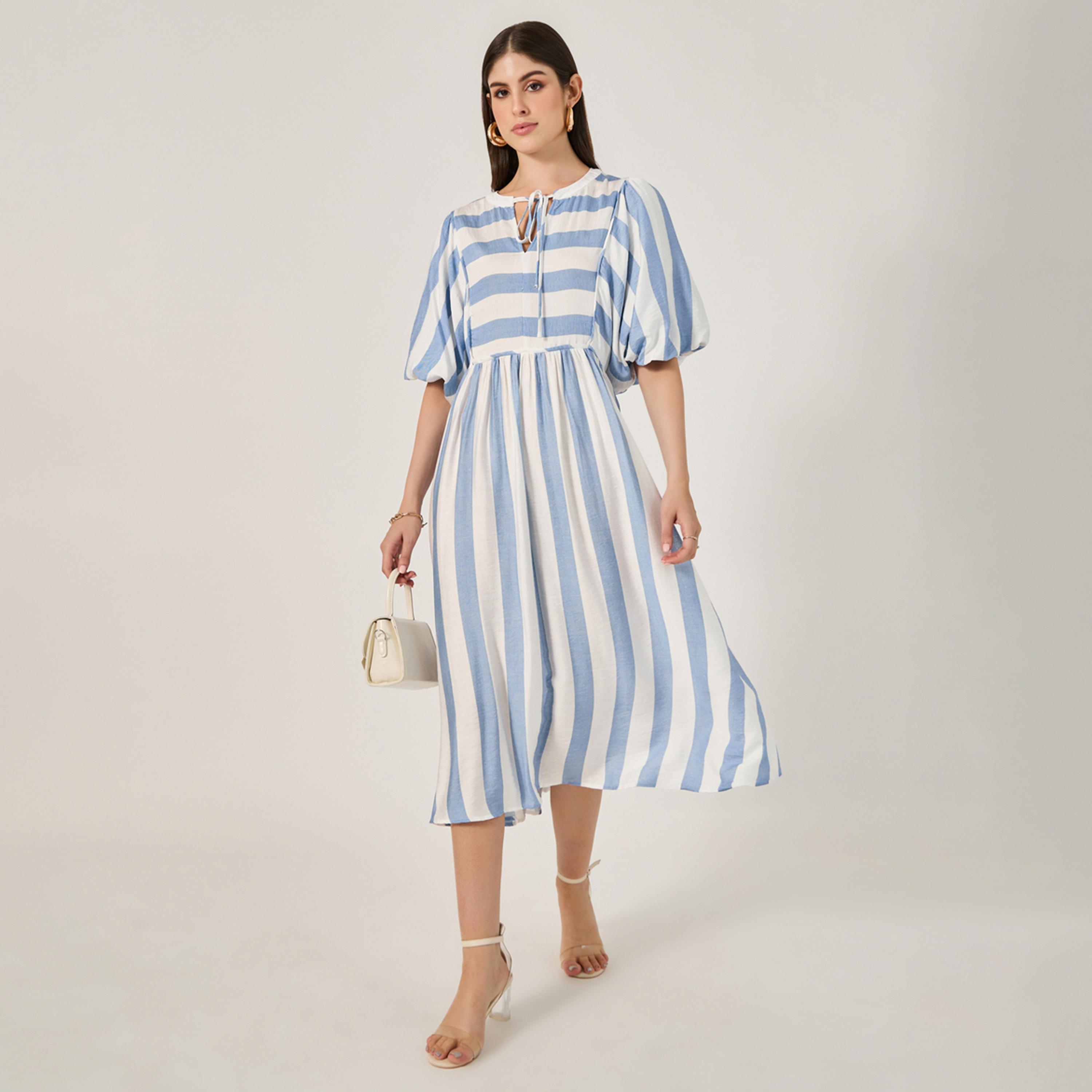 ستايلي - فستان مخطط متوسط الطول بقصة A وأكمام منفوخة-women-clothing-dresses-image-1
