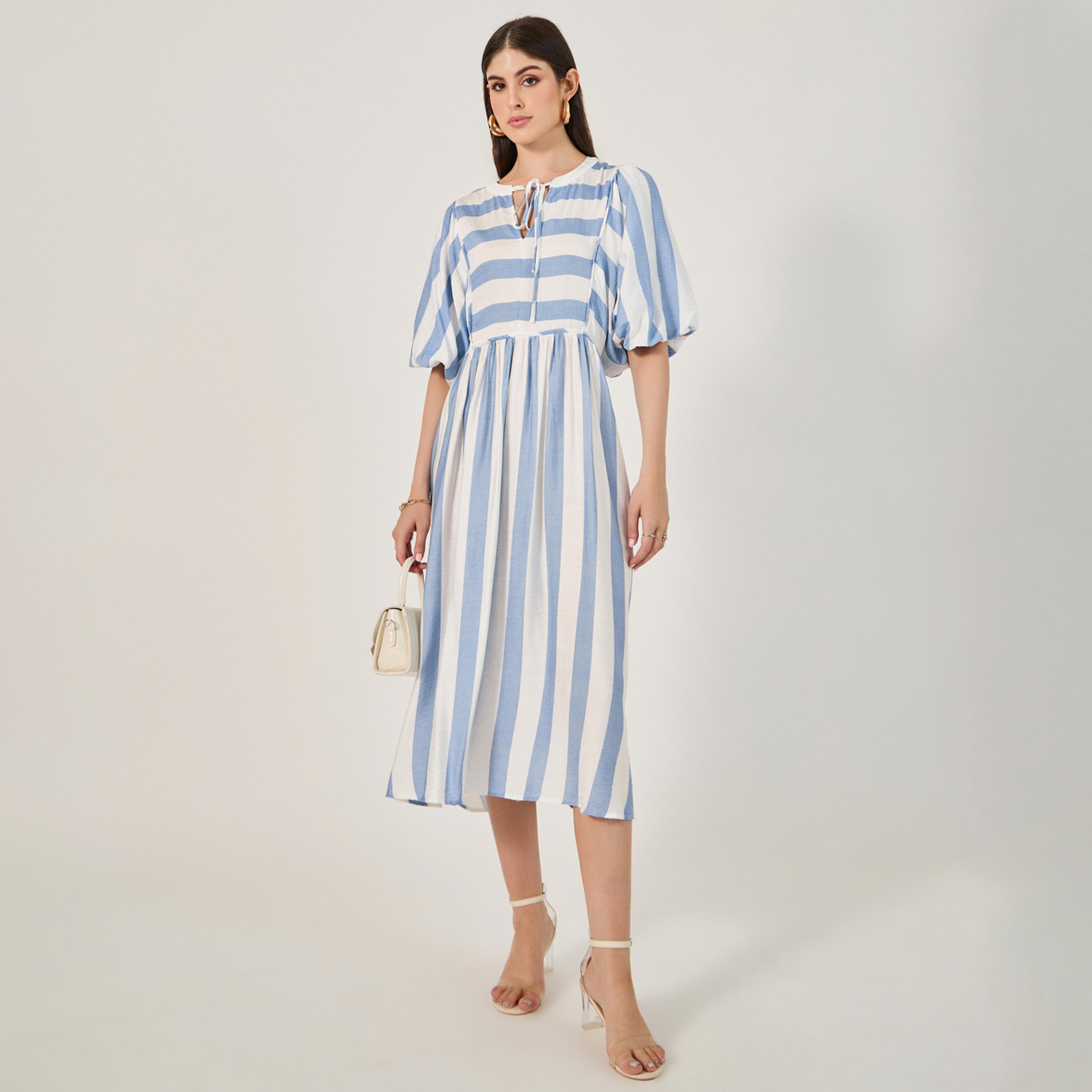 ستايلي - فستان مخطط متوسط الطول بقصة A وأكمام منفوخة-women-clothing-dresses-image-2