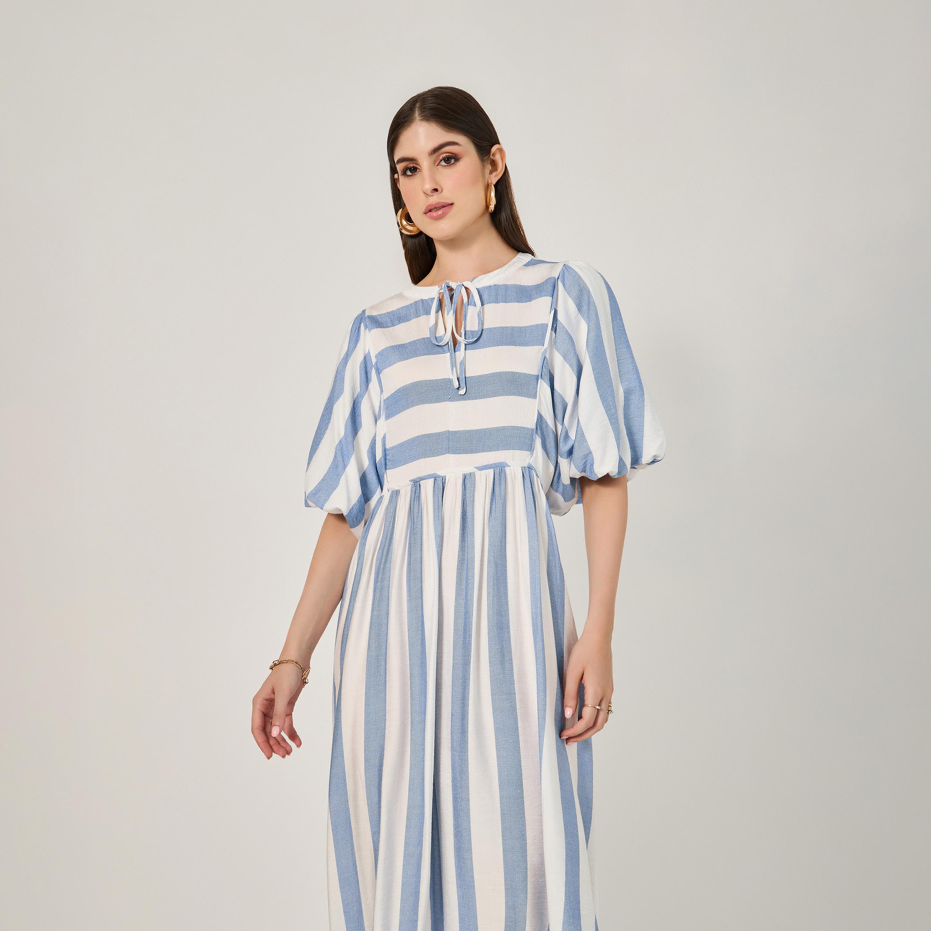 Styli Striped Balloon Sleeves A-Line Midi Dress-women-clothing-dresses-image-3