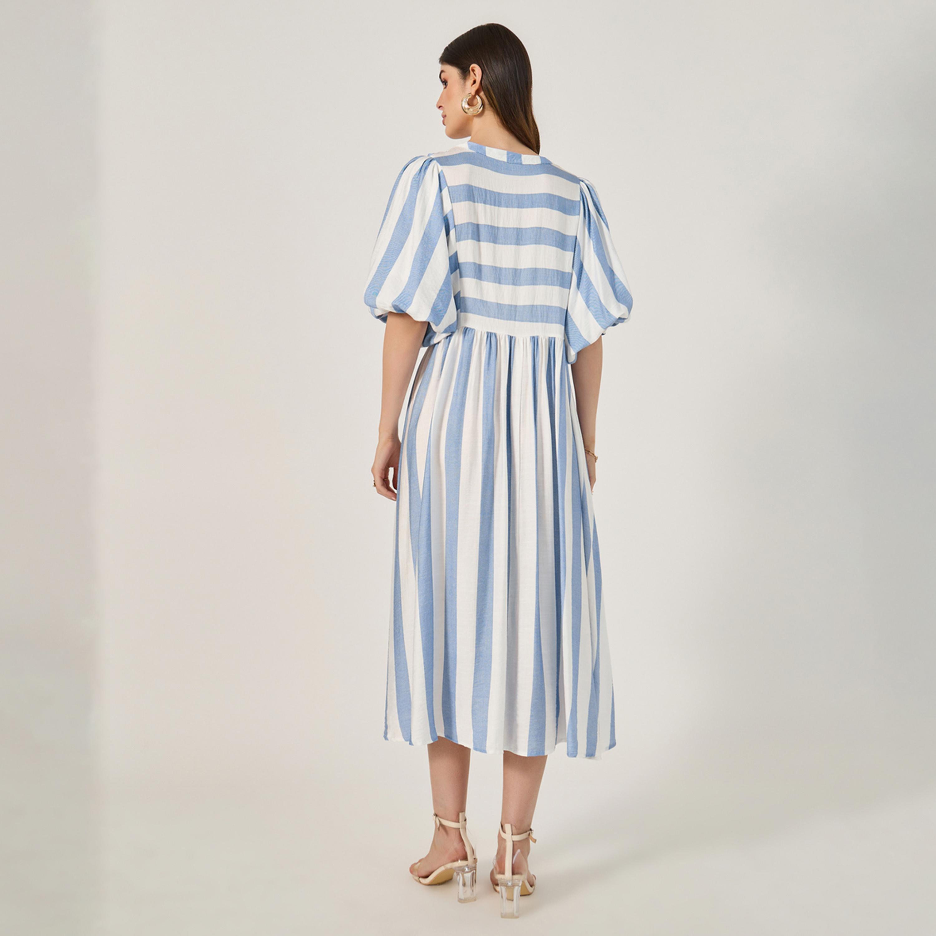 ستايلي - فستان مخطط متوسط الطول بقصة A وأكمام منفوخة-women-clothing-dresses-image-5