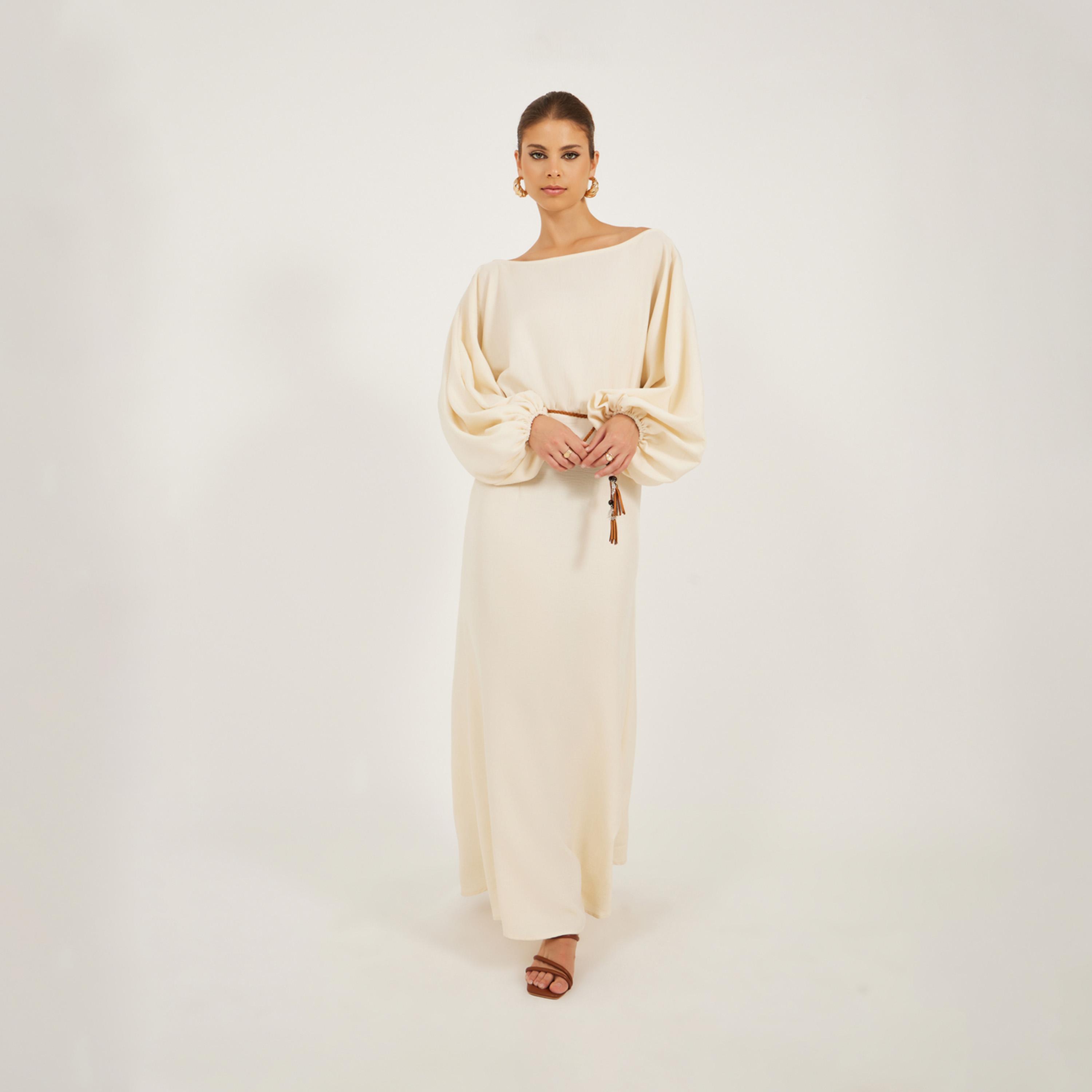 Styli Solid Balloon Sleeves Boat Neck A-Line Maxi Dress-women-clothing-dresses-image-1
