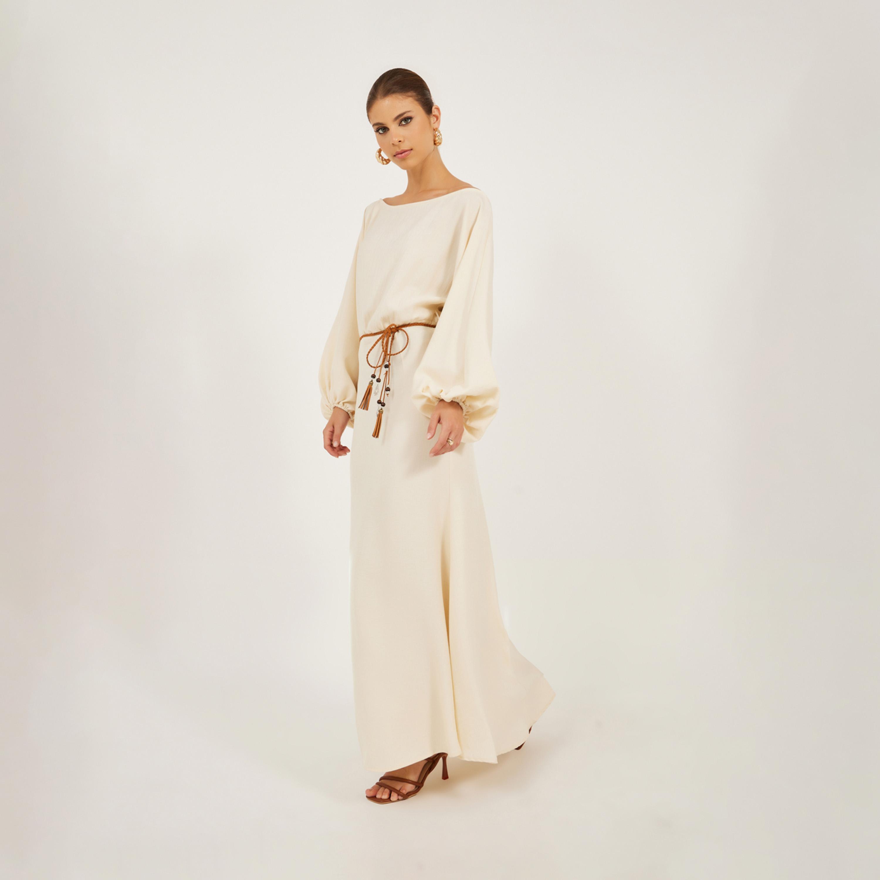 Styli Solid Balloon Sleeves Boat Neck A-Line Maxi Dress-women-clothing-dresses-image-2