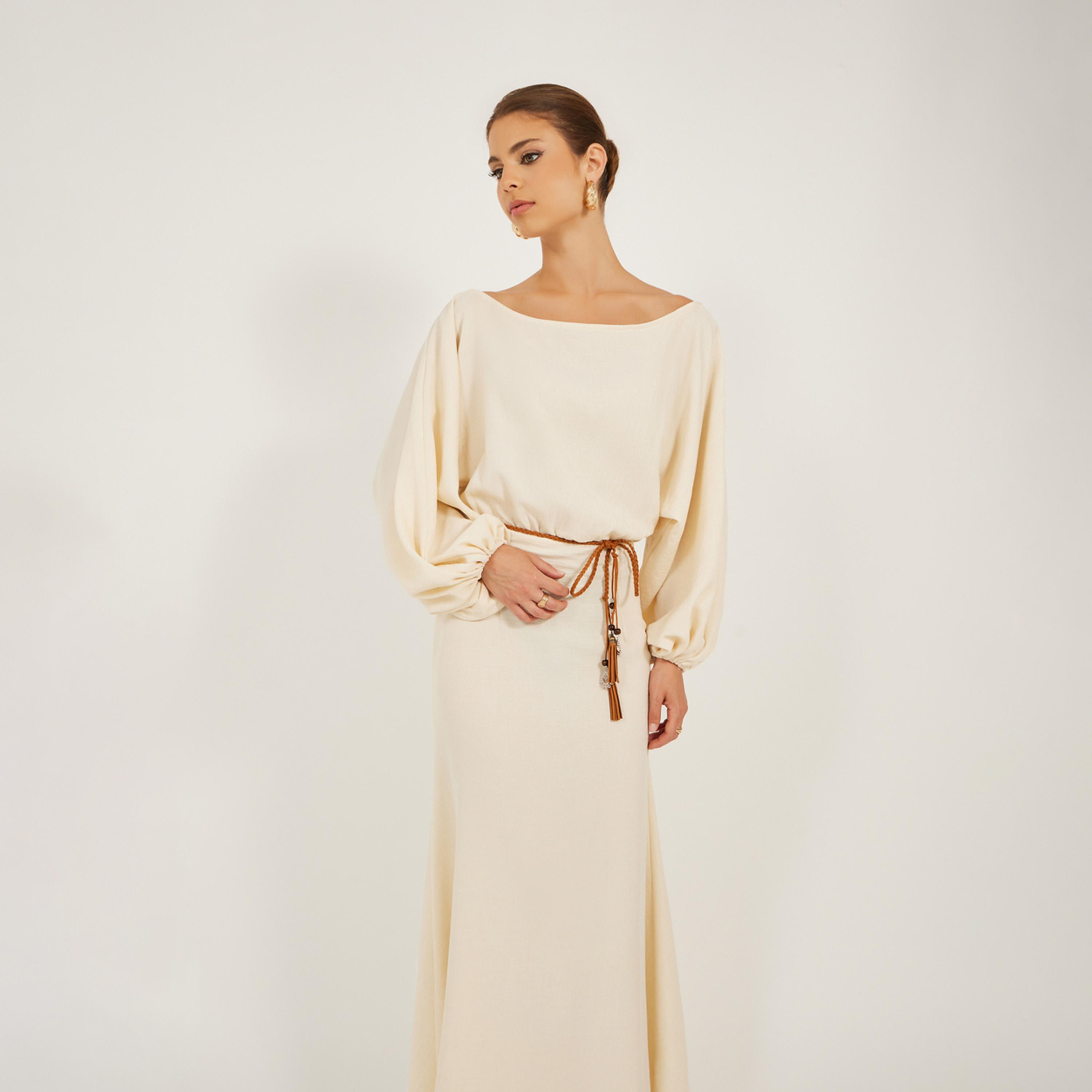 Styli Solid Balloon Sleeves Boat Neck A-Line Maxi Dress-women-clothing-dresses-image-3