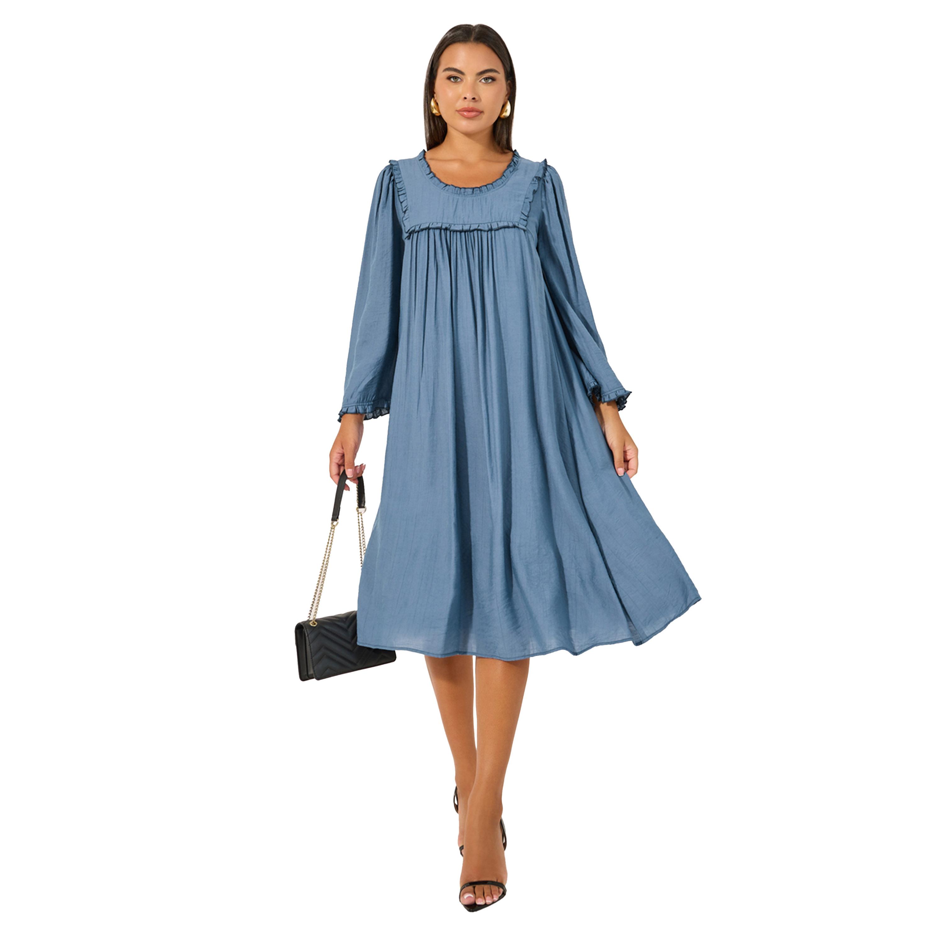 Styli Plain Long Sleeves Shift Midi Dress with Ruffle Trim-women-clothing-dresses-image-1