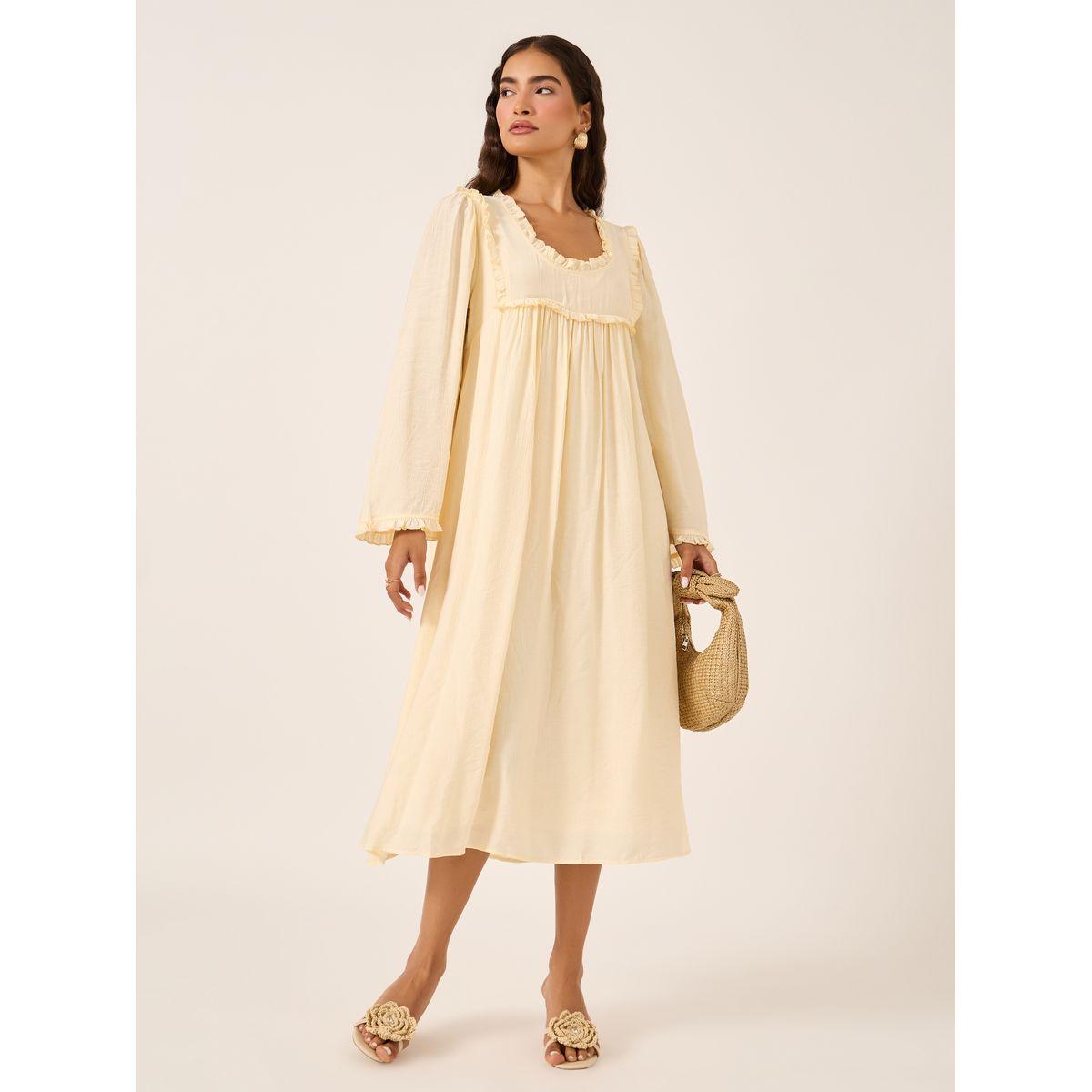 Styli Plain Ruffle Trim Long Sleeves Shift Midi Dress-women-clothing-dresses-image-1