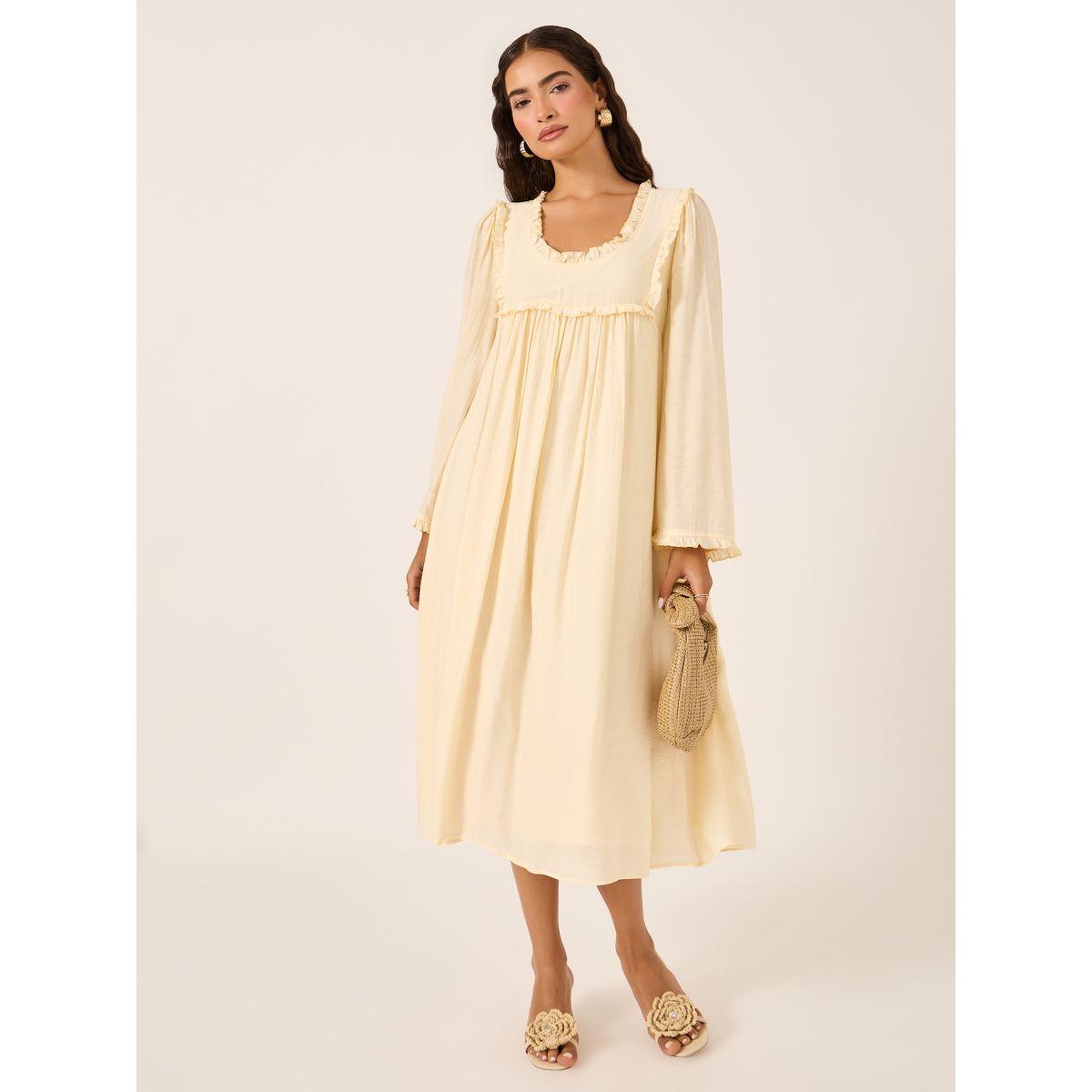 Styli Plain Ruffle Trim Long Sleeves Shift Midi Dress-women-clothing-dresses-image-2