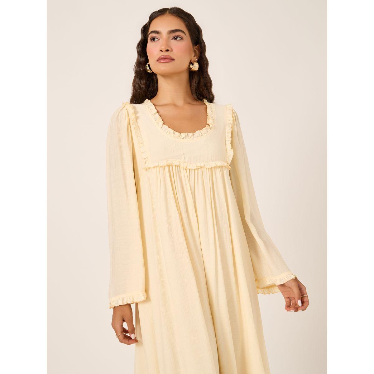 فستان ميدي سادة بأكمام طويلة وكشكش-women-clothing-dresses-image-3