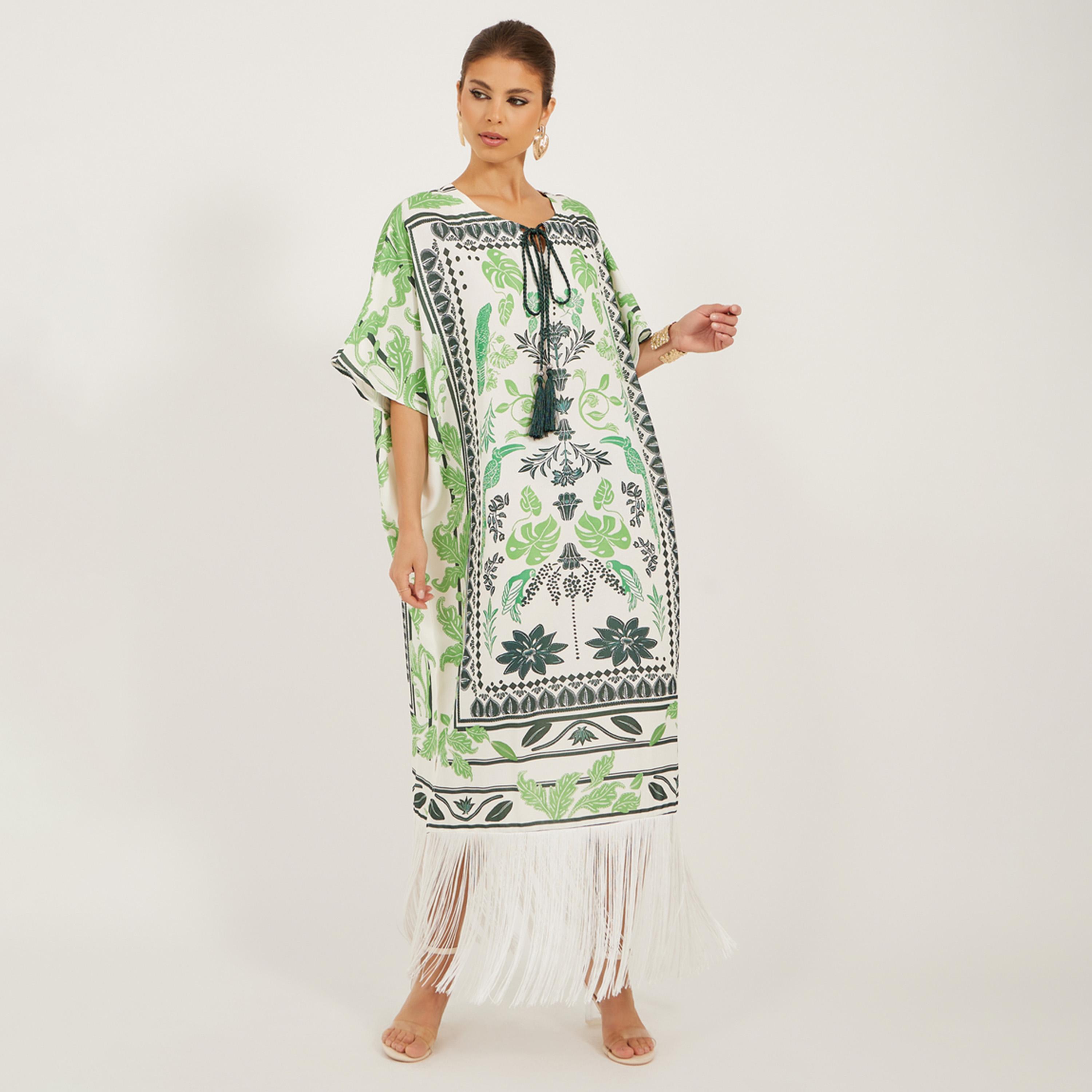 ستايلي - فستان قفطان ماكسي بأكمام قصيرة وحافة مزينة بشراشيب-women-clothing-dresses-image-1