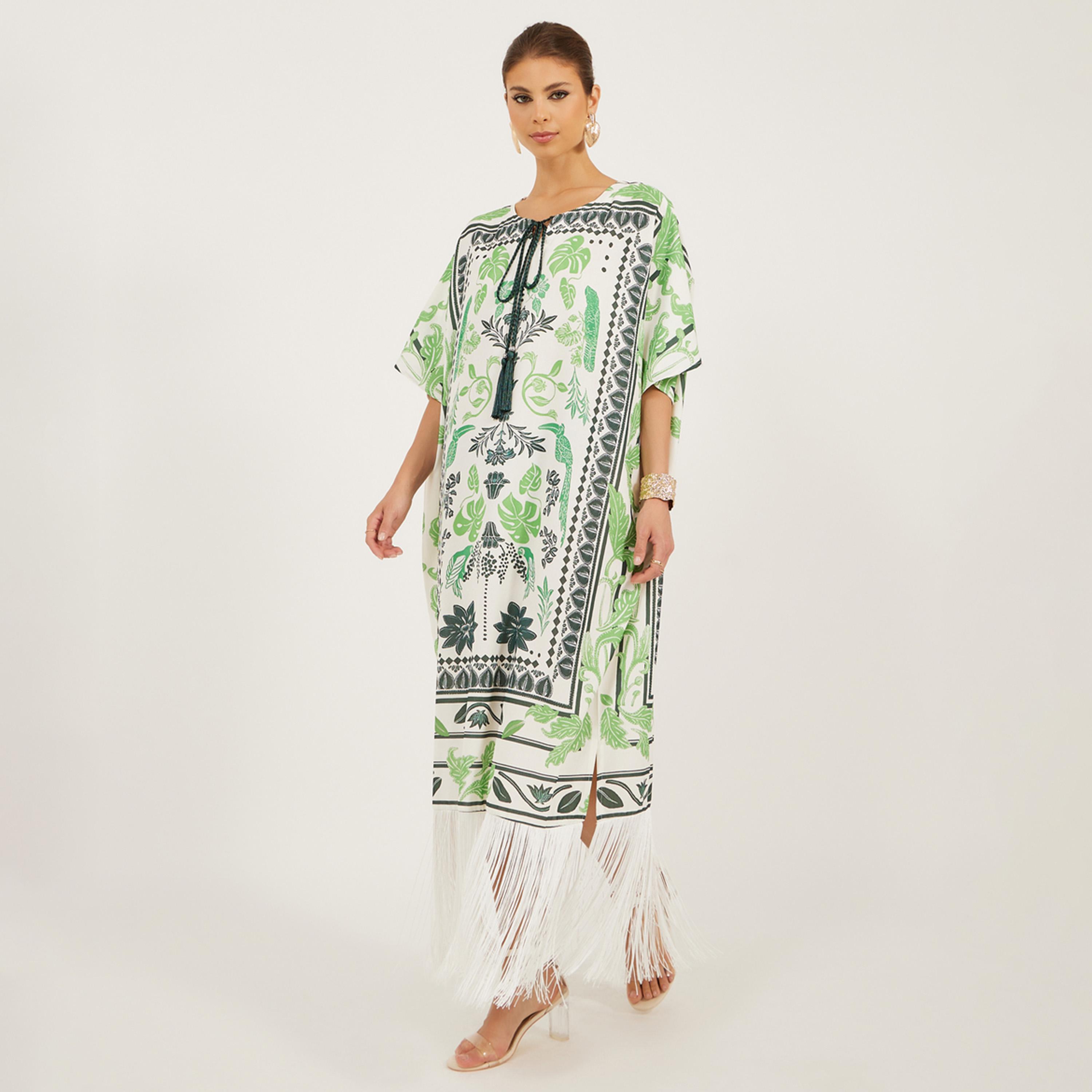 ستايلي - فستان قفطان ماكسي بأكمام قصيرة وحافة مزينة بشراشيب-women-clothing-dresses-image-2