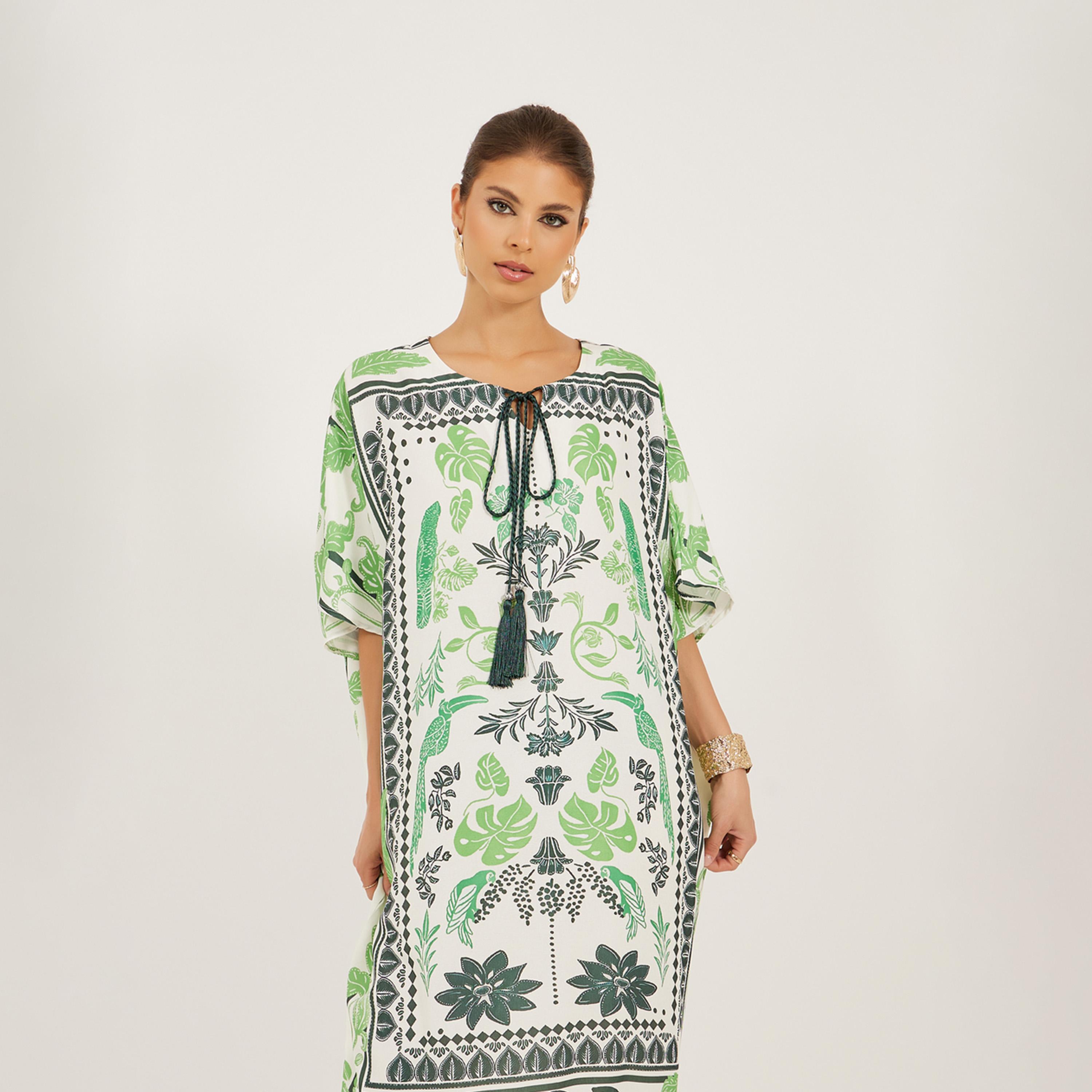 ستايلي - فستان قفطان ماكسي بأكمام قصيرة وحافة مزينة بشراشيب-women-clothing-dresses-image-3