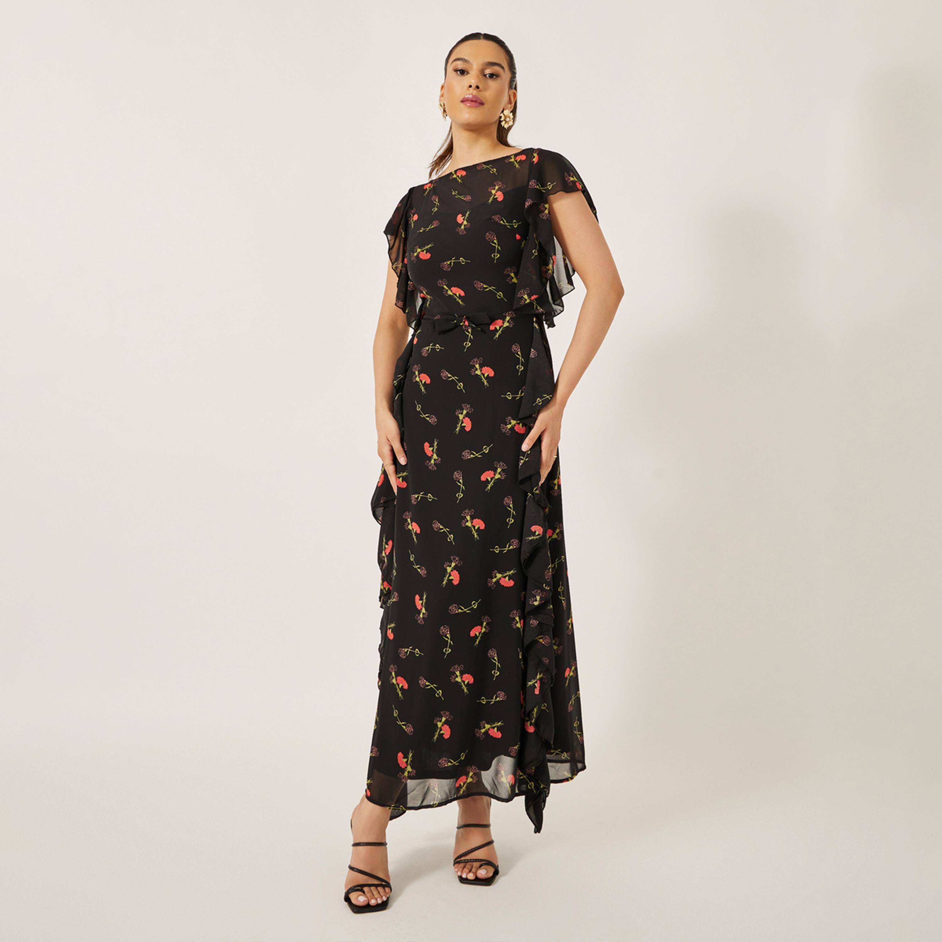 ستايلي - فستان ماكسي ضيق مطبوع بدون أكمام بحافة مكشكشة-women-clothing-dresses-image-1