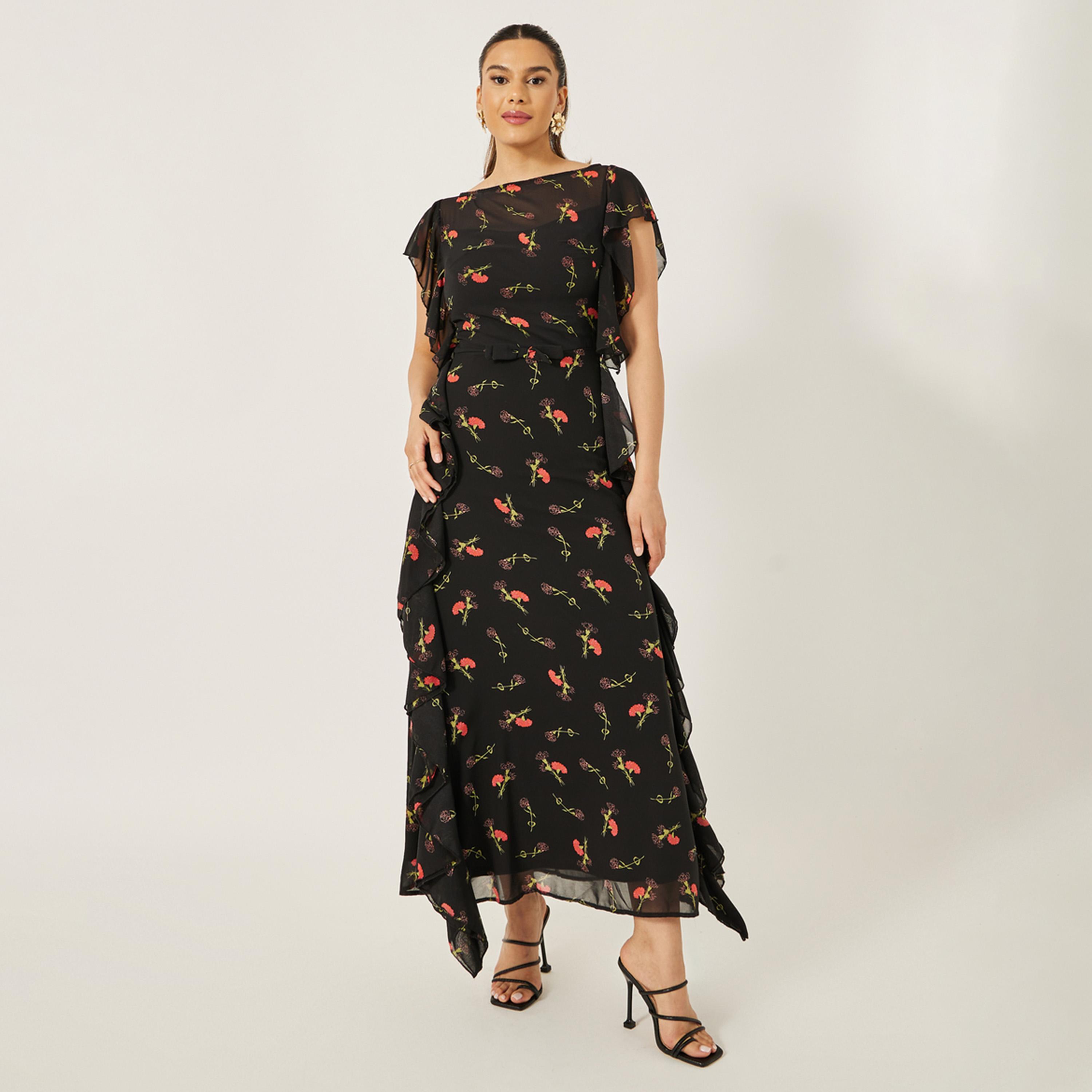ستايلي - فستان ماكسي ضيق مطبوع بدون أكمام بحافة مكشكشة-women-clothing-dresses-image-2