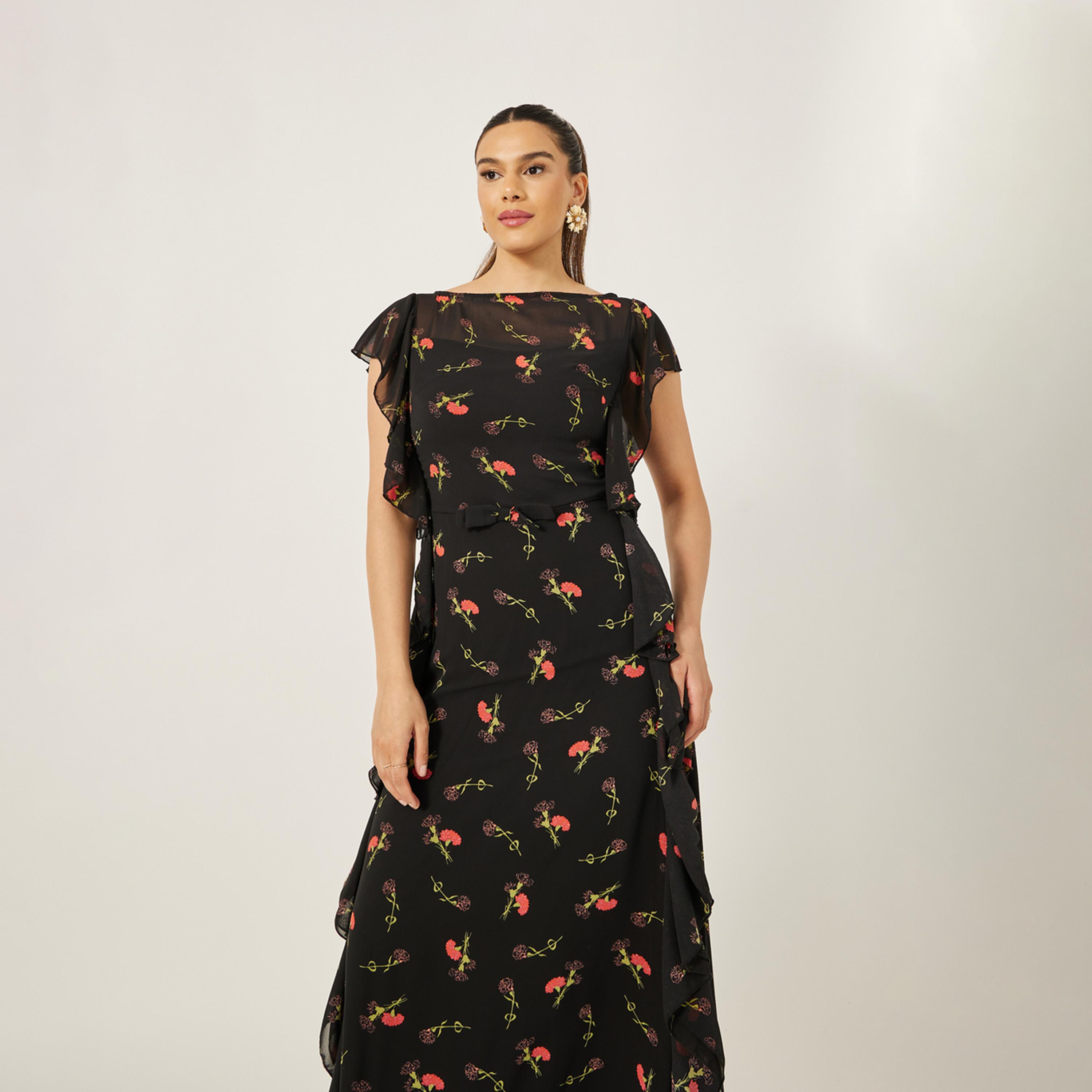 ستايلي - فستان ماكسي ضيق مطبوع بدون أكمام بحافة مكشكشة-women-clothing-dresses-image-3