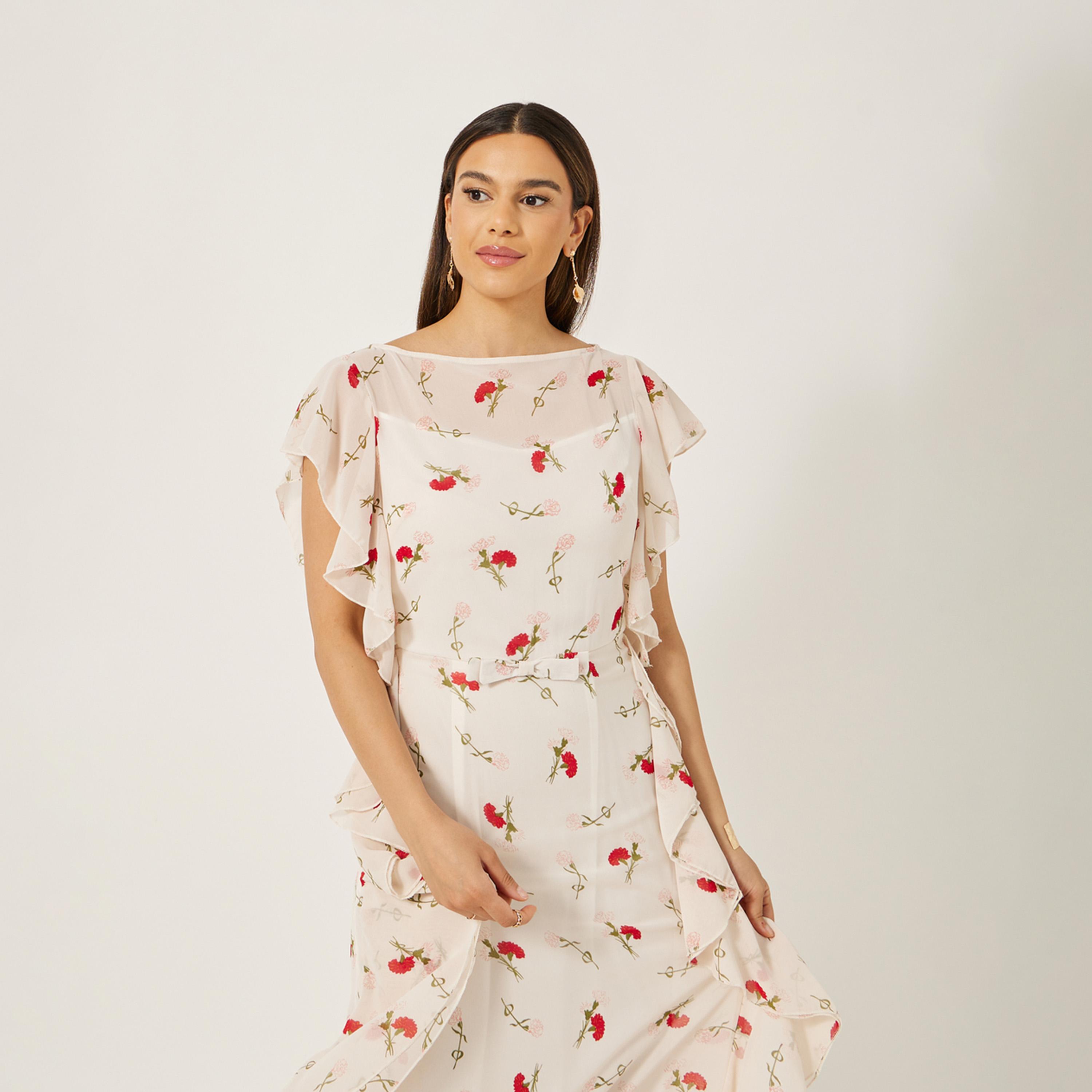 ستايلي - فستان ماكسي ضيق مطبوع بدون أكمام بحافة مكشكشة-women-clothing-dresses-image-3