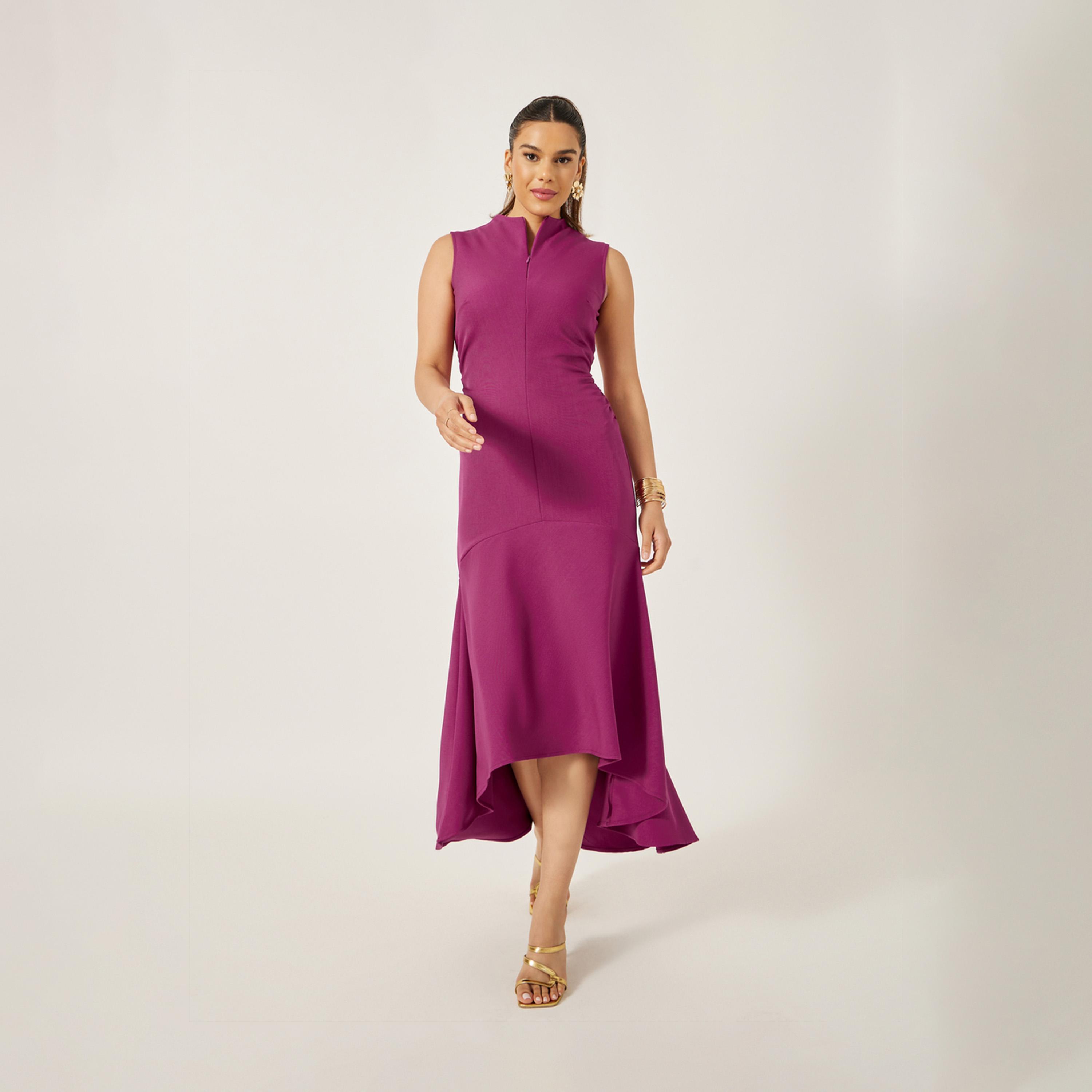 ستايلي - فستان ميدي سادة بدون أكمام وحافة حورية البحر-women-clothing-dresses-image-1