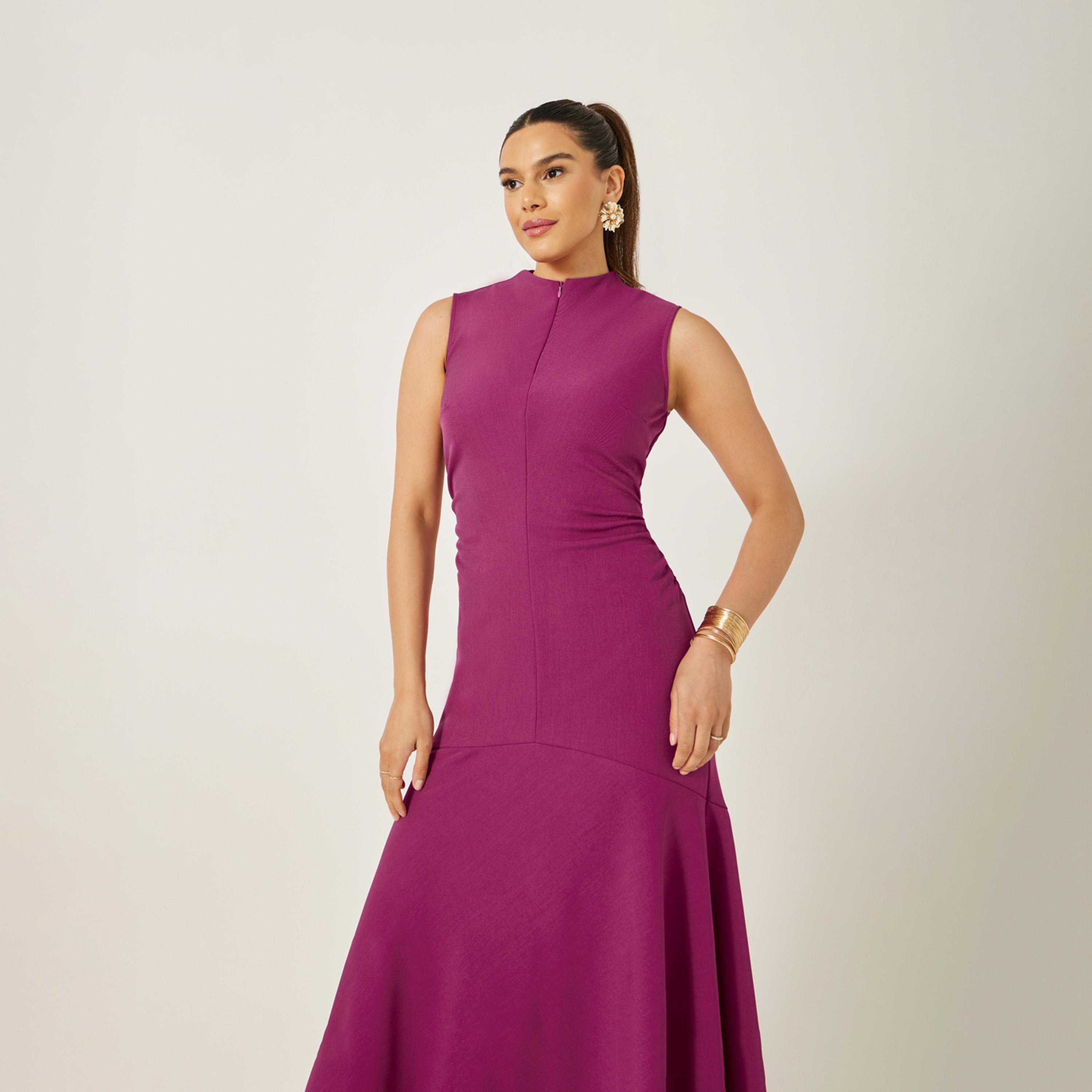 ستايلي - فستان ميدي سادة بدون أكمام وحافة حورية البحر-women-clothing-dresses-image-2