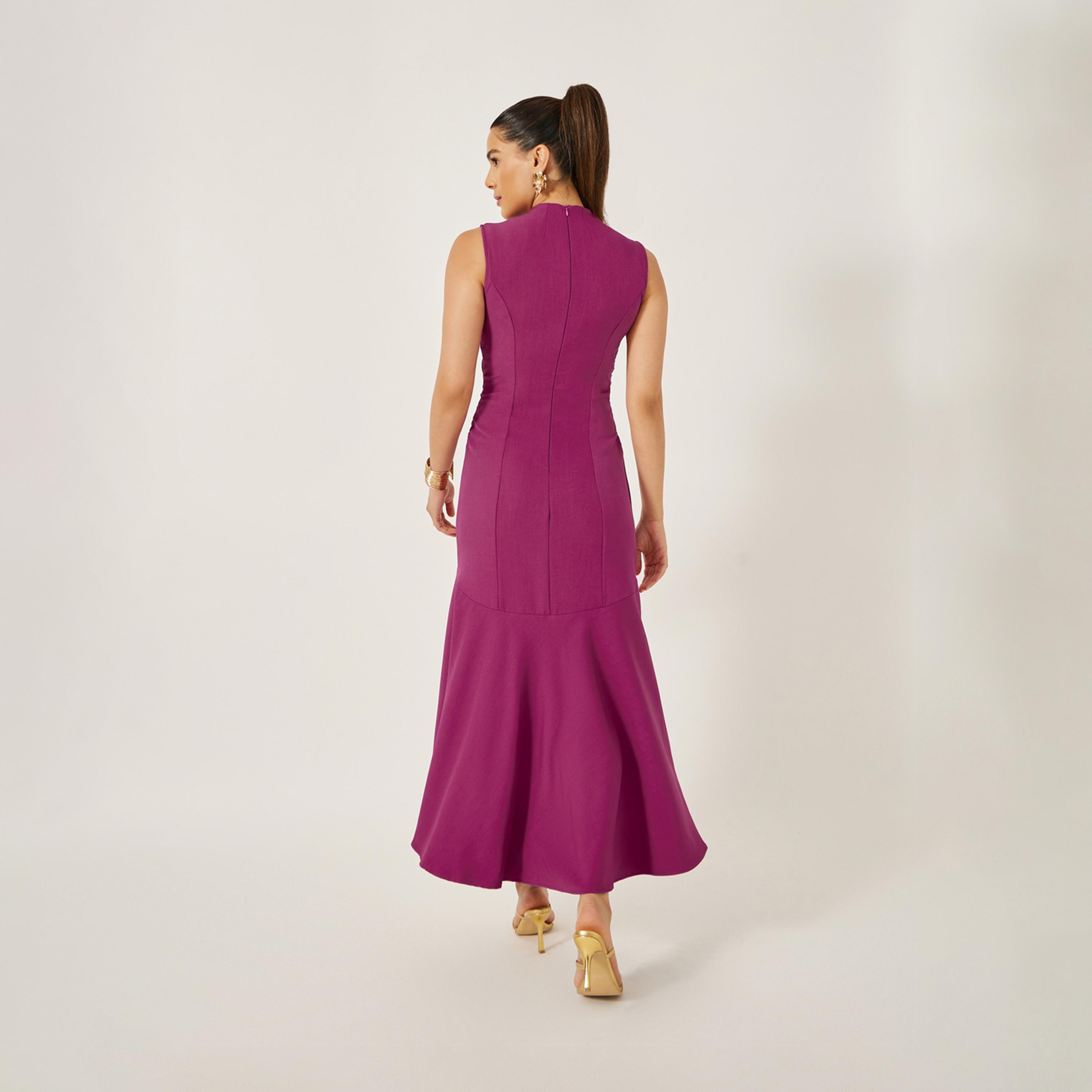 ستايلي - فستان ميدي سادة بدون أكمام وحافة حورية البحر-women-clothing-dresses-image-4