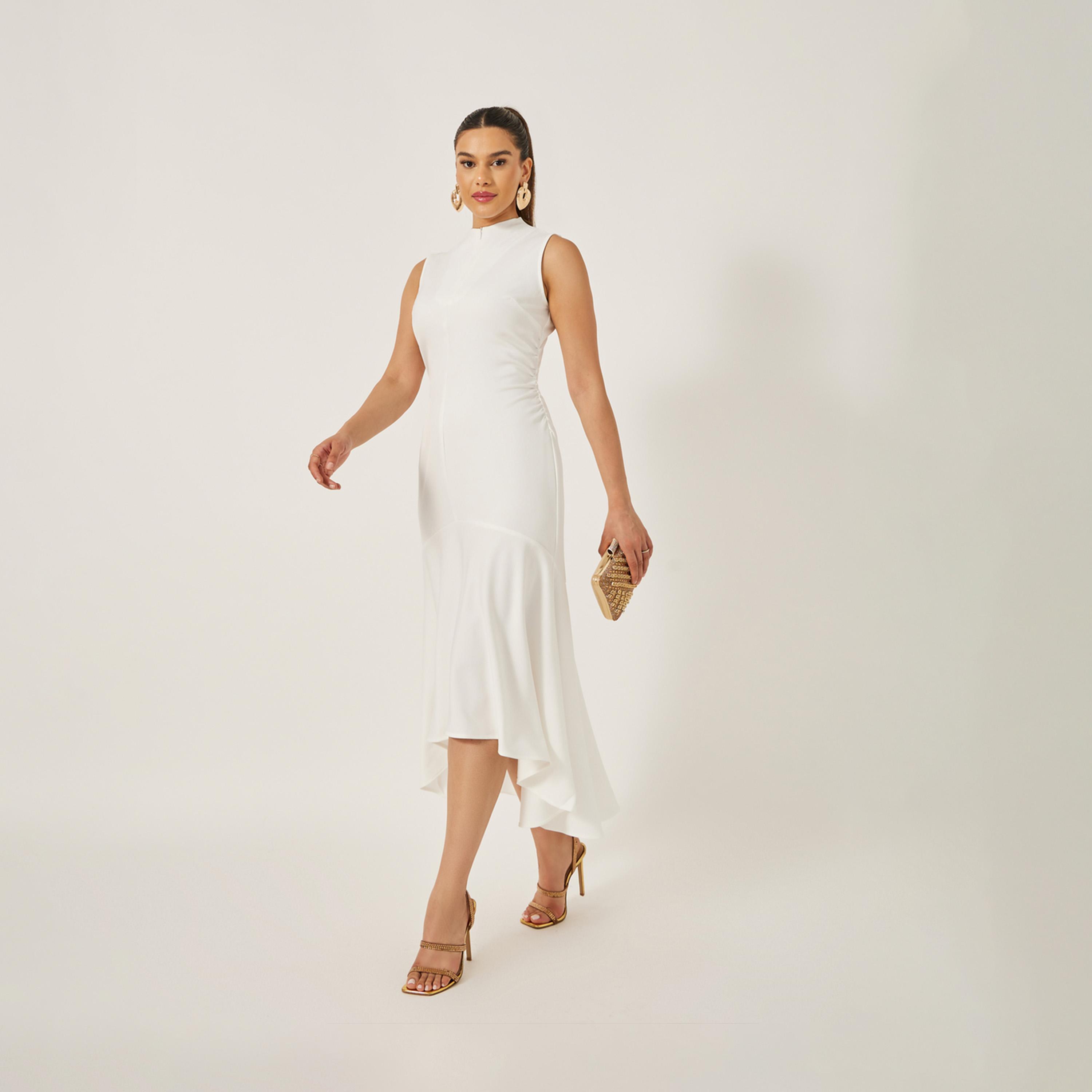 ستايلي - فستان ميدي سادة بدون أكمام وحافة حورية البحر-women-clothing-dresses-image-2