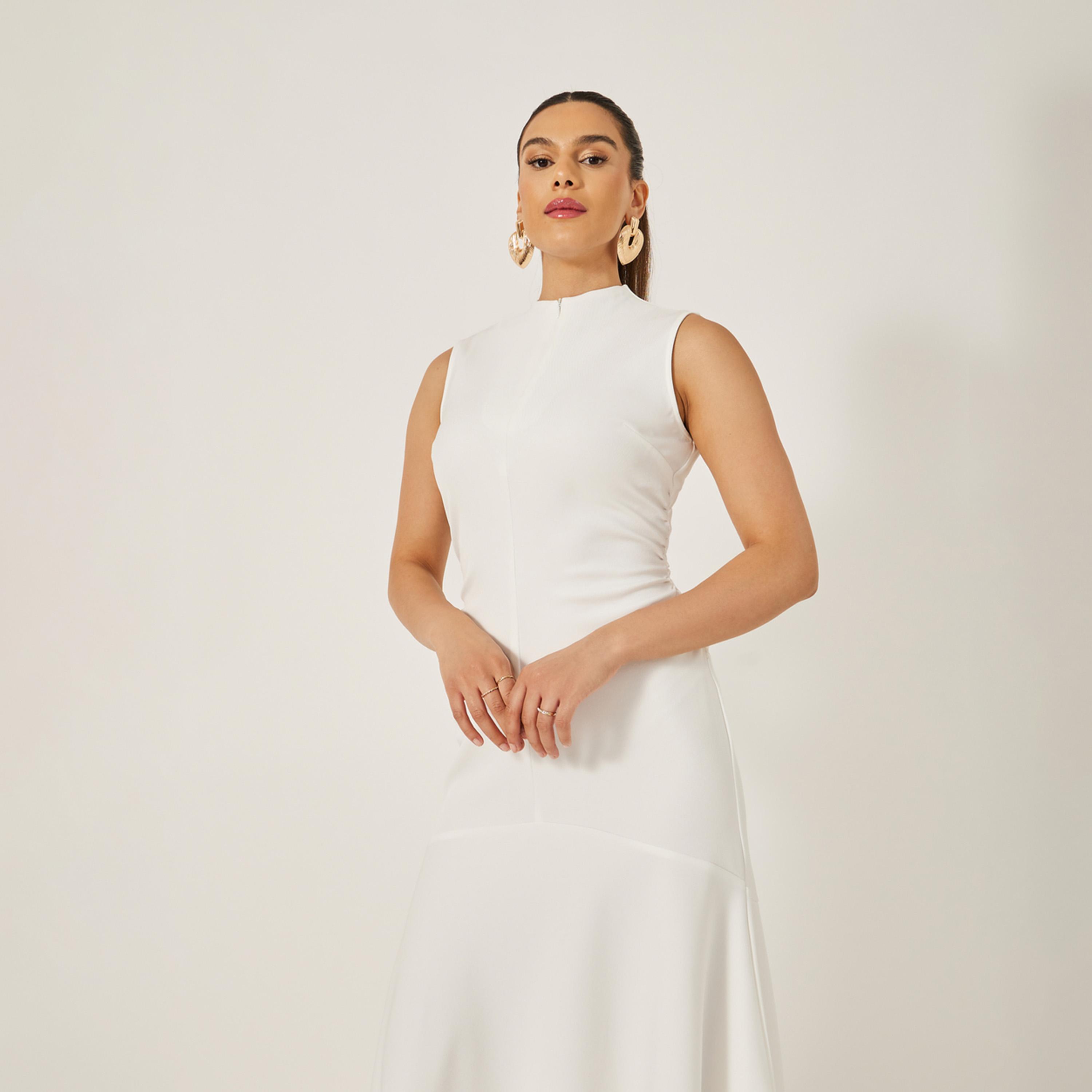 ستايلي - فستان ميدي سادة بدون أكمام وحافة حورية البحر-women-clothing-dresses-image-3