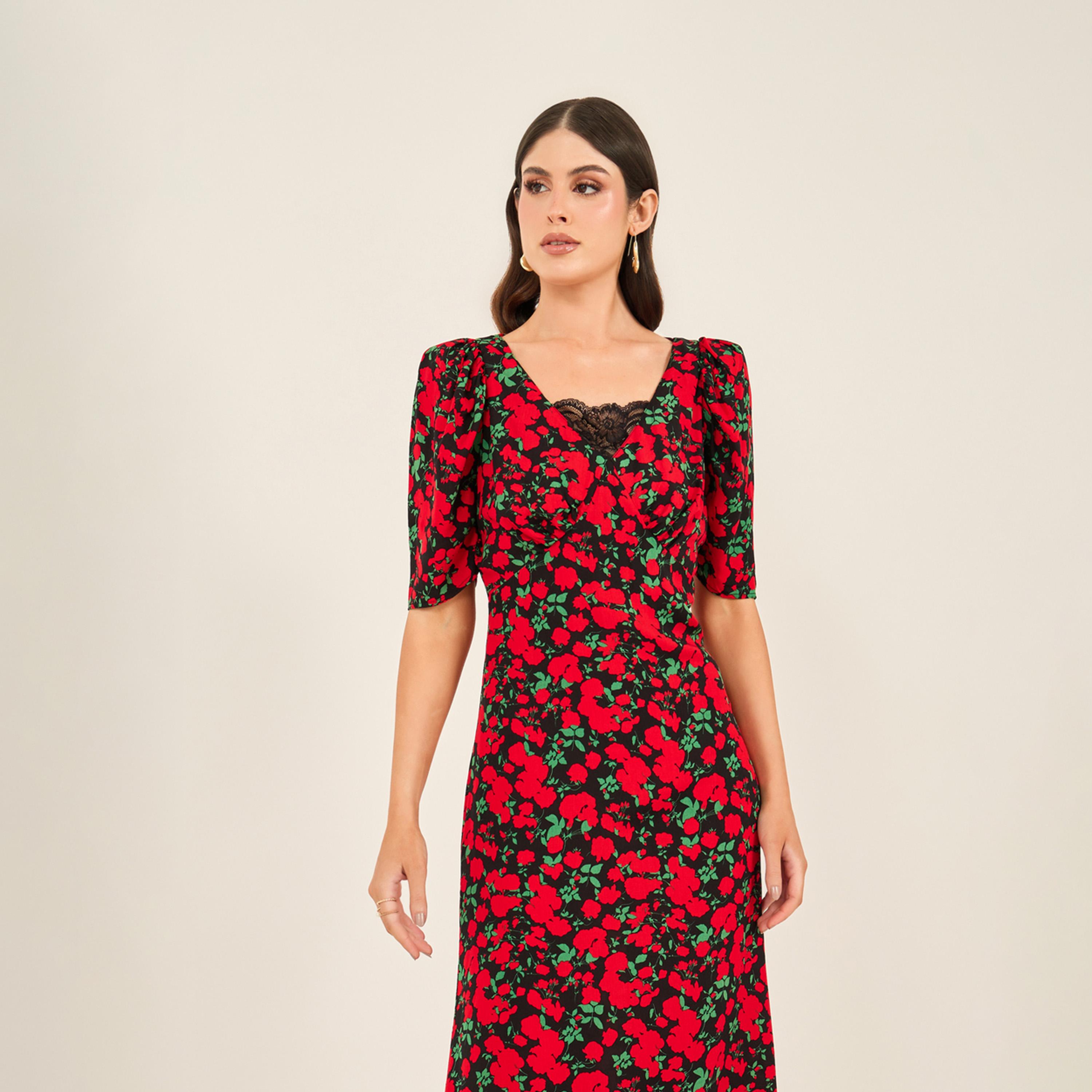 ستايلي - فستان قصير الأكمام بطبعة زهور-women-clothing-dresses-image-3