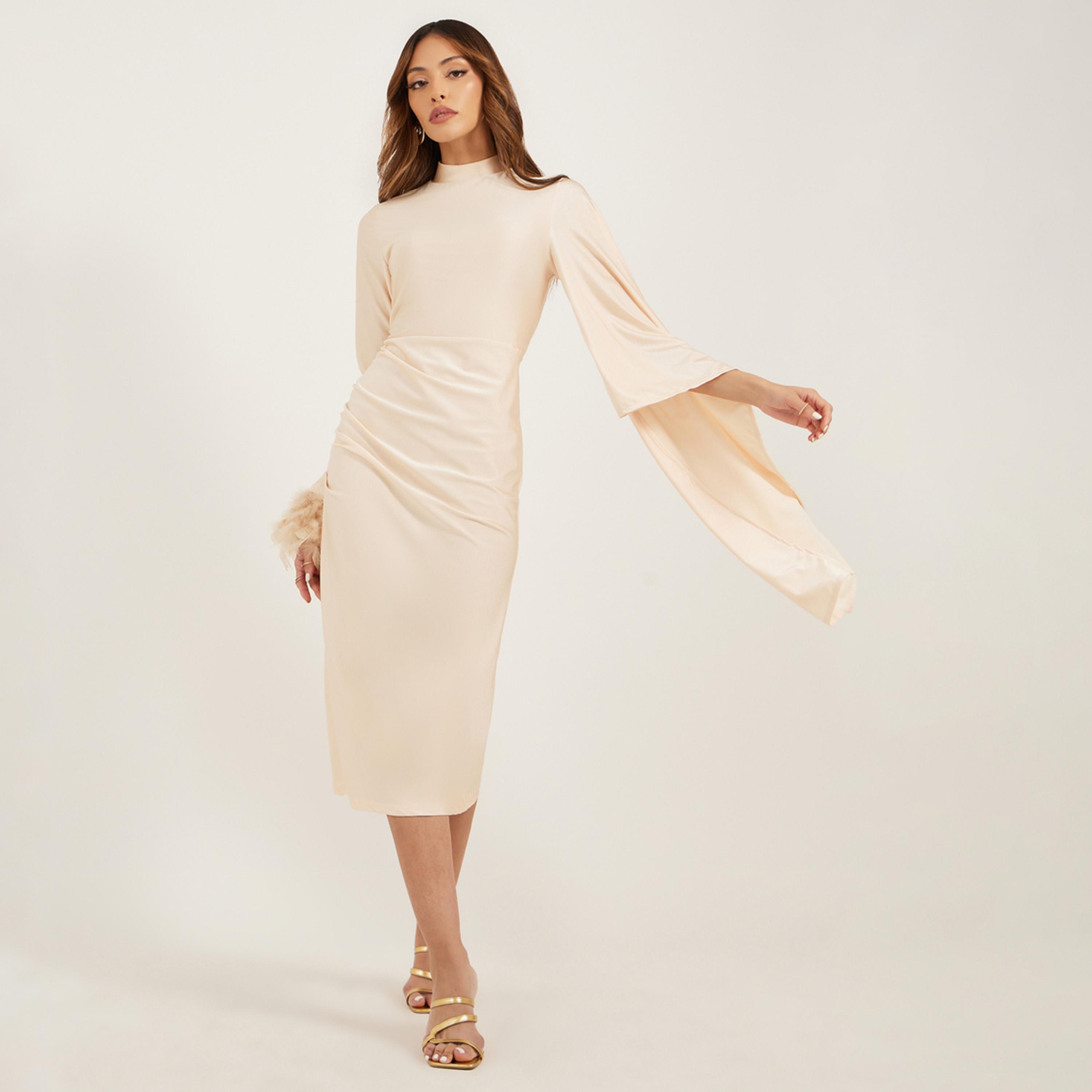 ستايلي - فستان ضيق متوسط الطول بكم واحد واسع حواف من الريش الصناعي-women-clothing-dresses-image-2