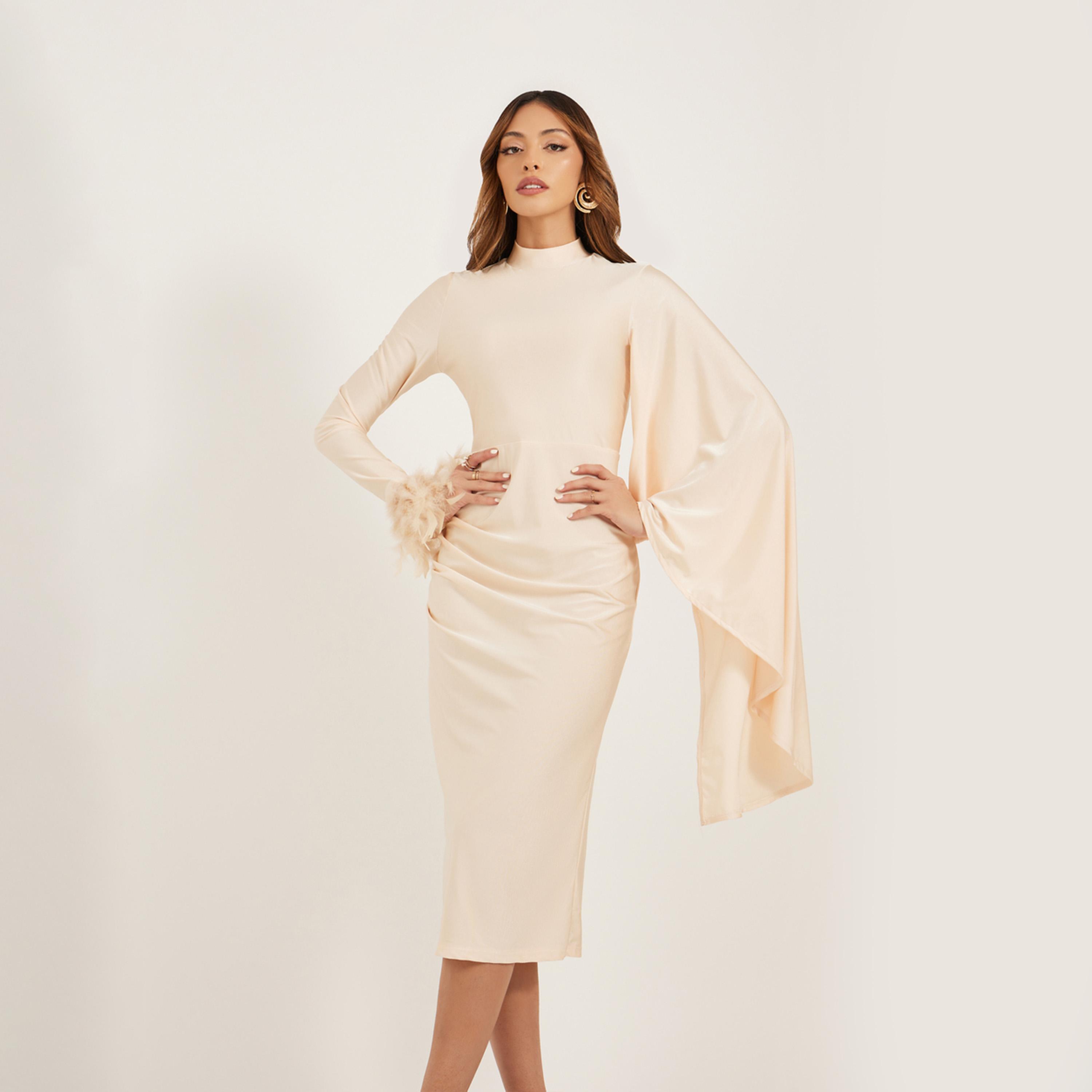ستايلي - فستان ضيق متوسط الطول بكم واحد واسع حواف من الريش الصناعي-women-clothing-dresses-image-3