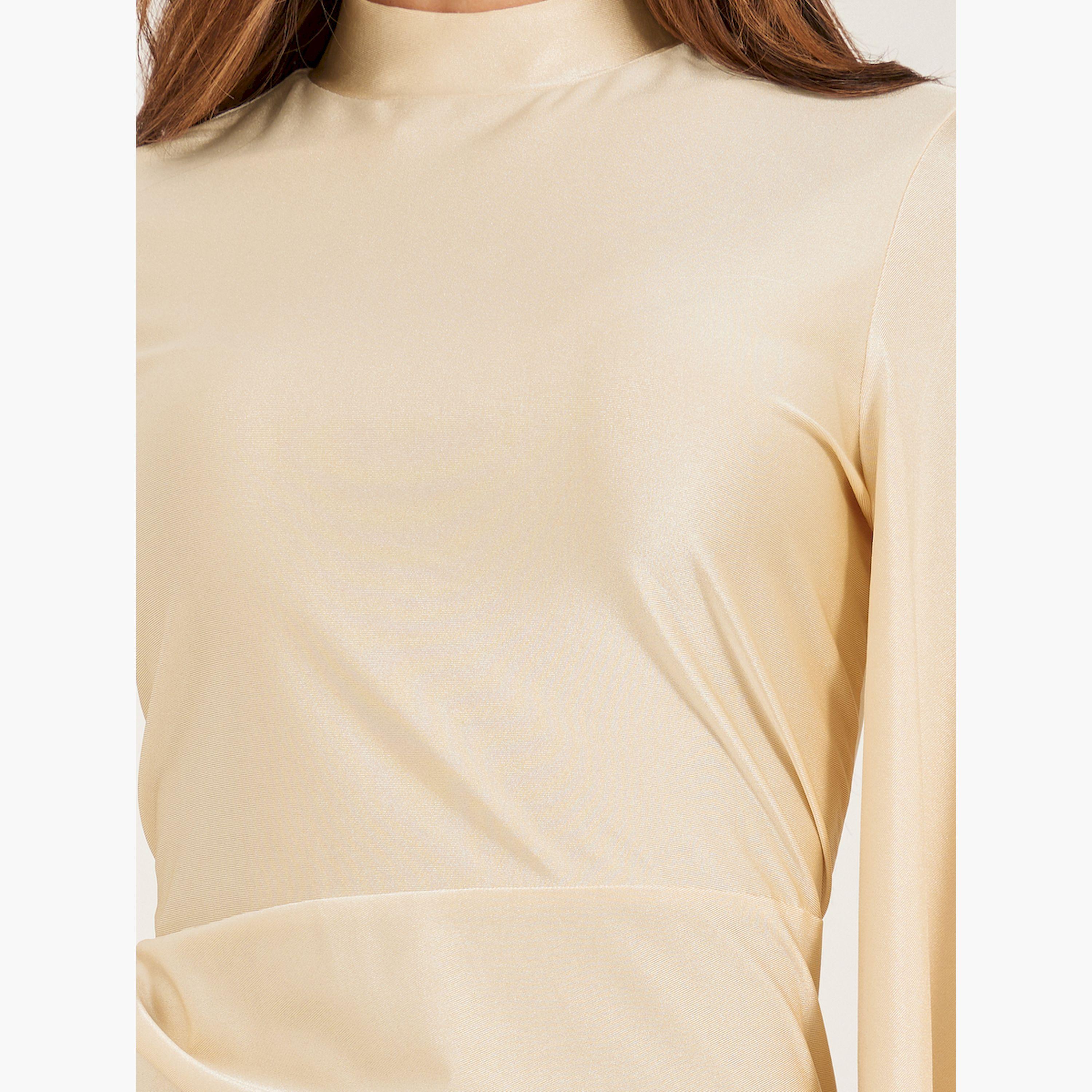 ستايلي - فستان ضيق متوسط الطول بكم واحد واسع حواف من الريش الصناعي-women-clothing-dresses-image-4