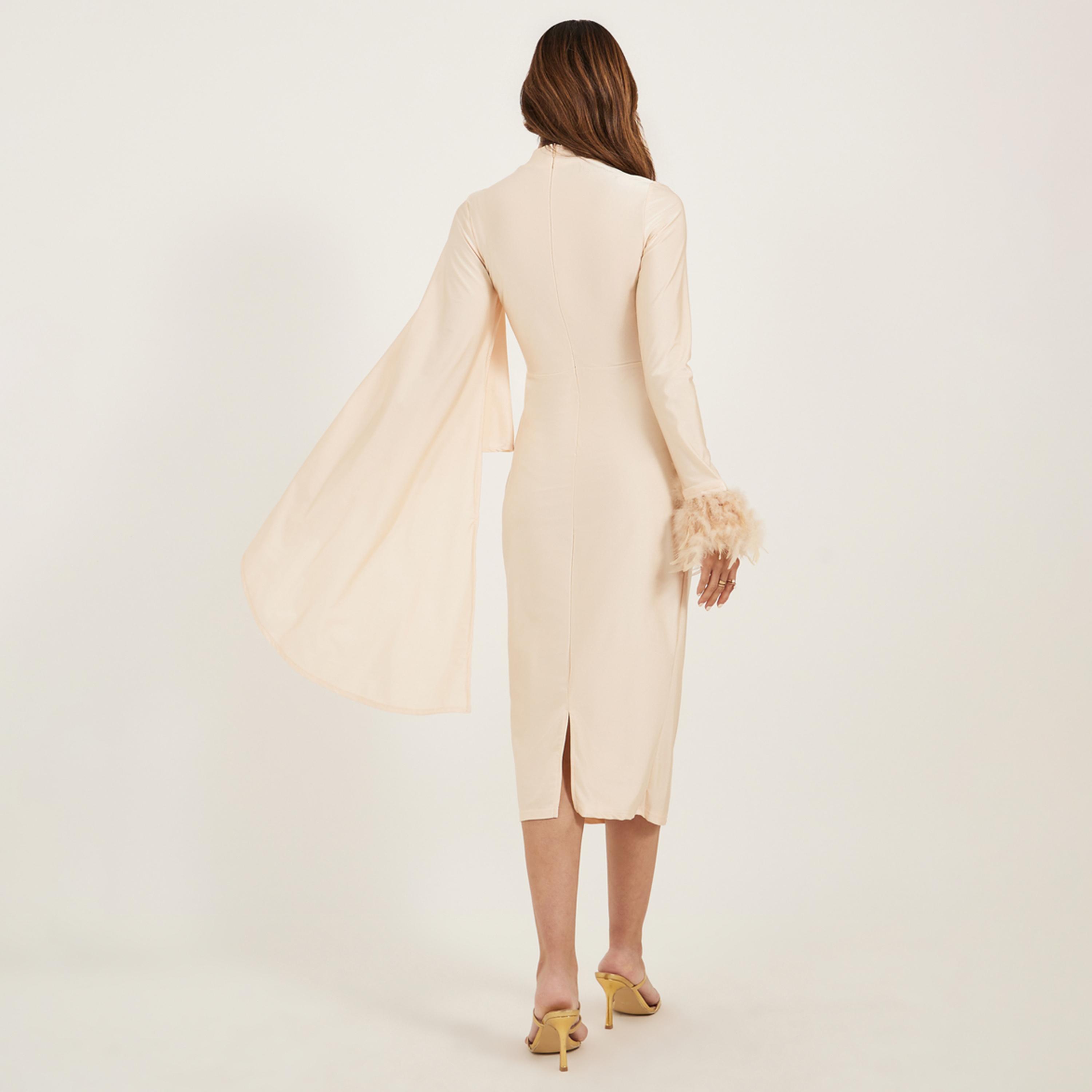 ستايلي - فستان ضيق متوسط الطول بكم واحد واسع حواف من الريش الصناعي-women-clothing-dresses-image-5