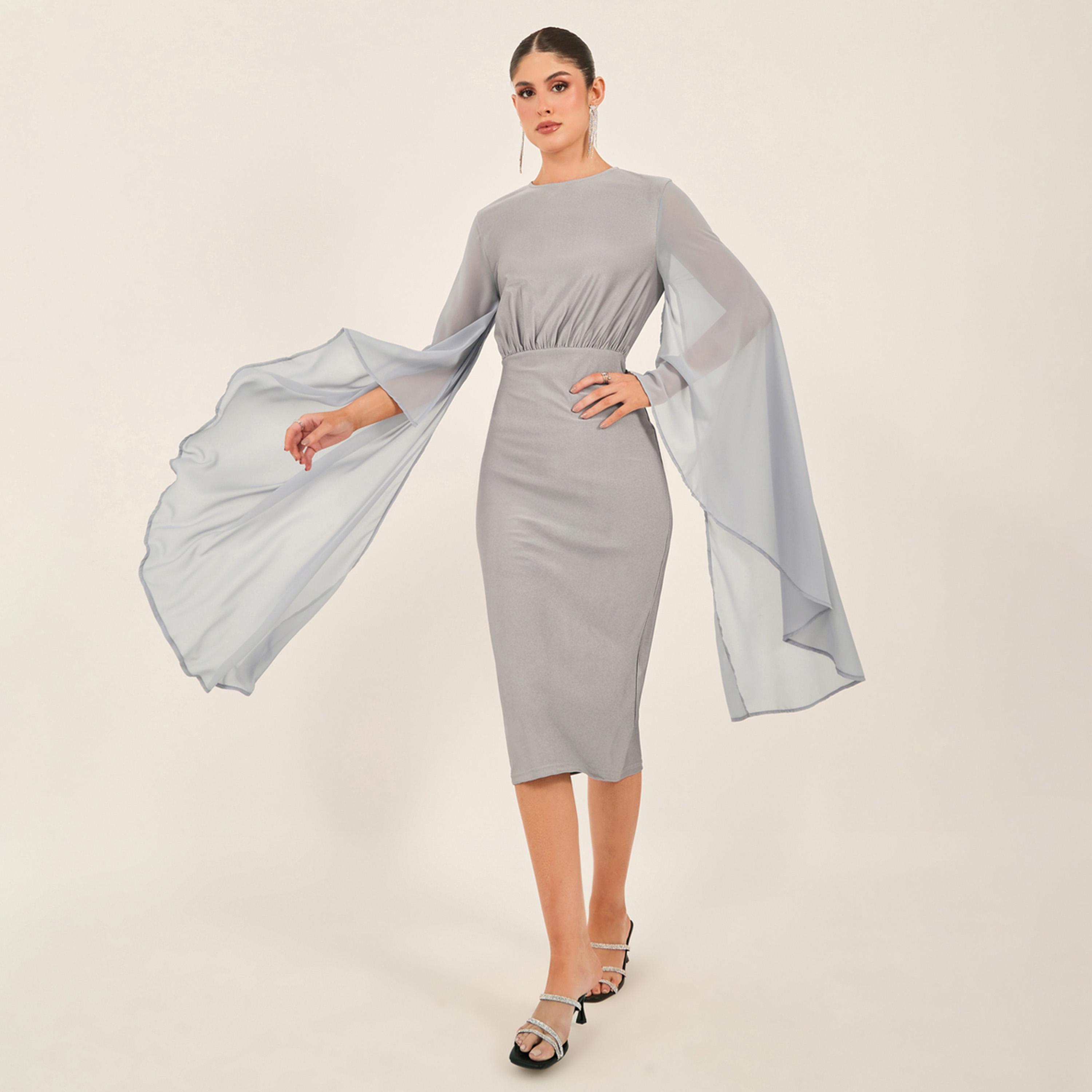 ستايلي - فستان ضيق متوسط الطول بأكمام واسعة-women-clothing-dresses-image-2