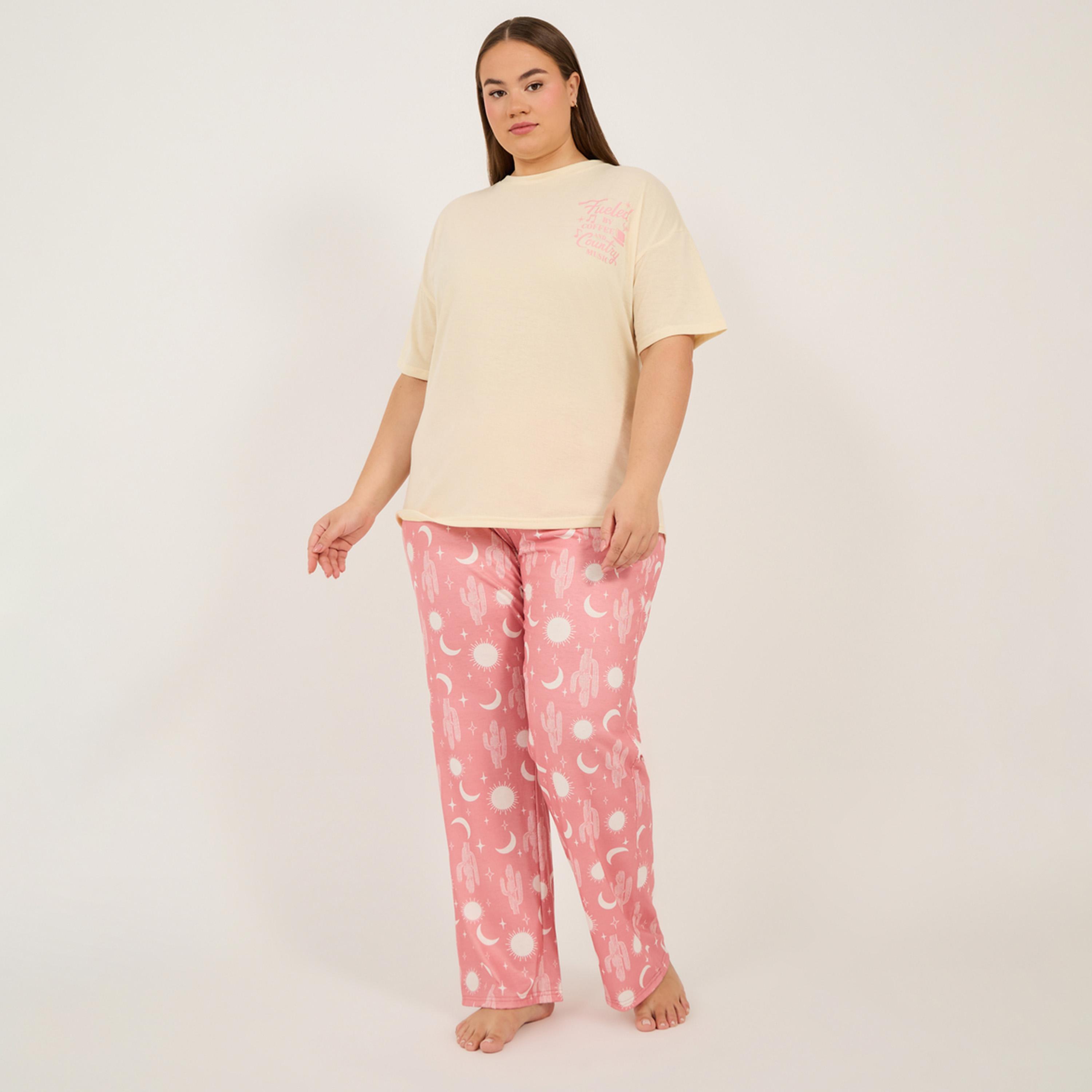 Styli Plus Size Graphic Print T-Shirt and Pyjama Set-women-clothing-nightwear-pyjamas-longsets-image-1