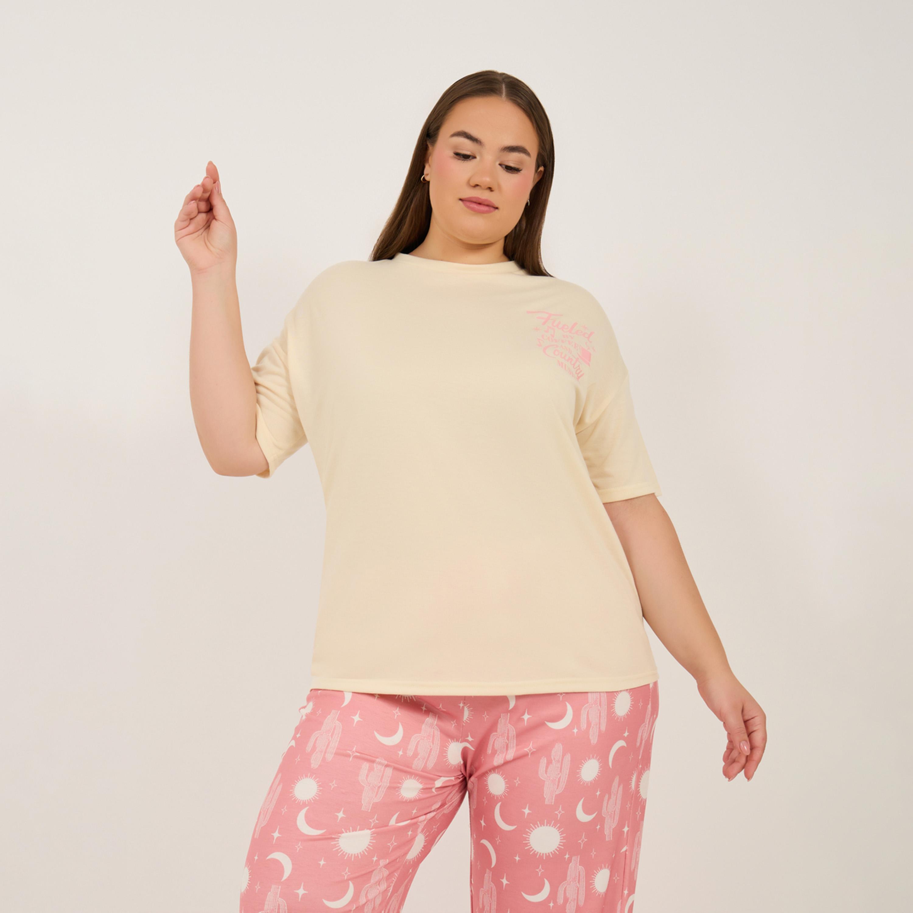 Styli Plus Size Graphic Print T-Shirt and Pyjama Set-women-clothing-nightwear-pyjamas-longsets-image-2