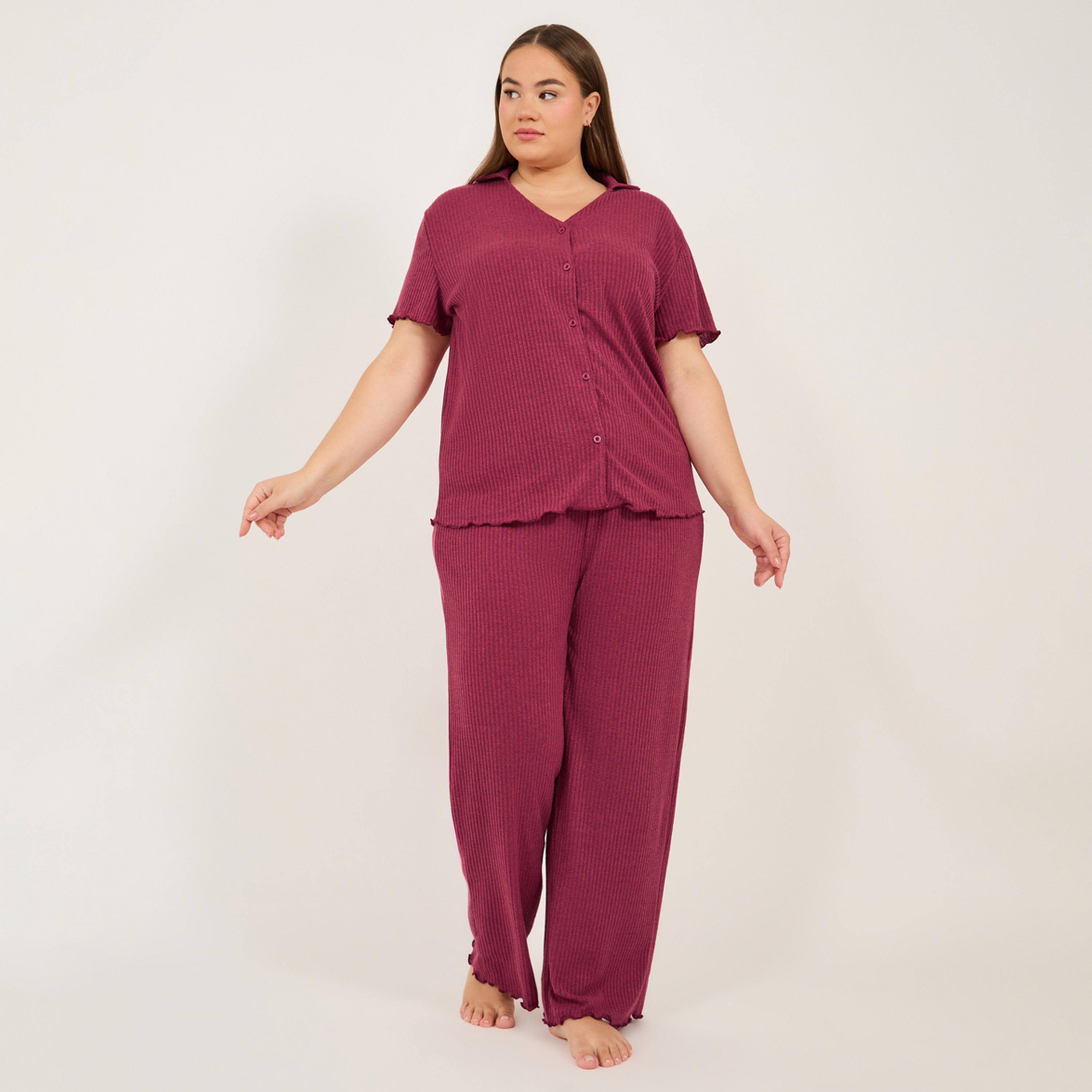 Styli Plus Size Rib Knit V-Neck T-Shirt and Pyjama Set-women-clothing-nightwear-pyjamas-longsets-image-1