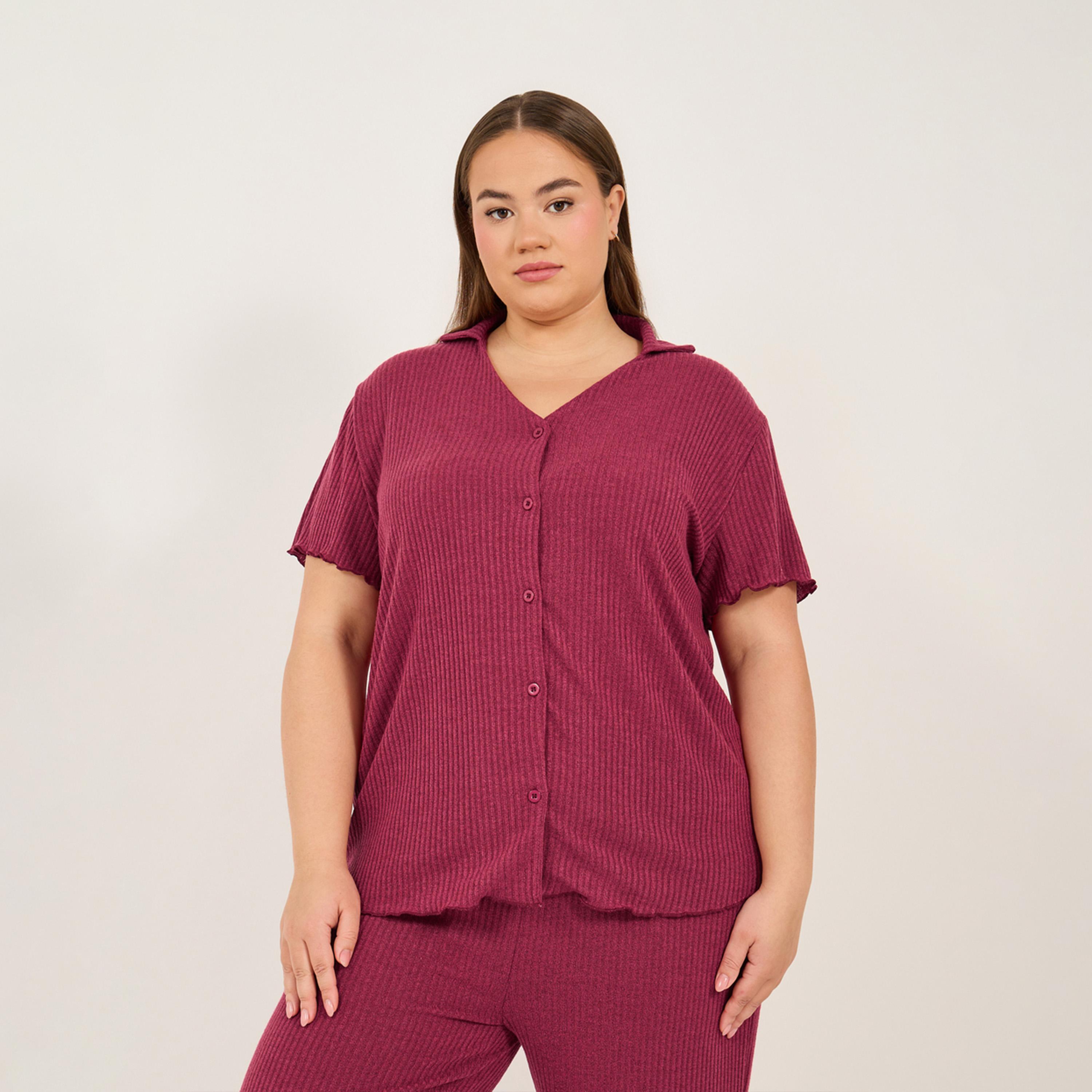 ستايلي - طقم تي شيرت محبوك بياقة V مع بنطال بيجامة بمقاسات كبيرة-women-clothing-nightwear-pyjamas-longsets-image-2