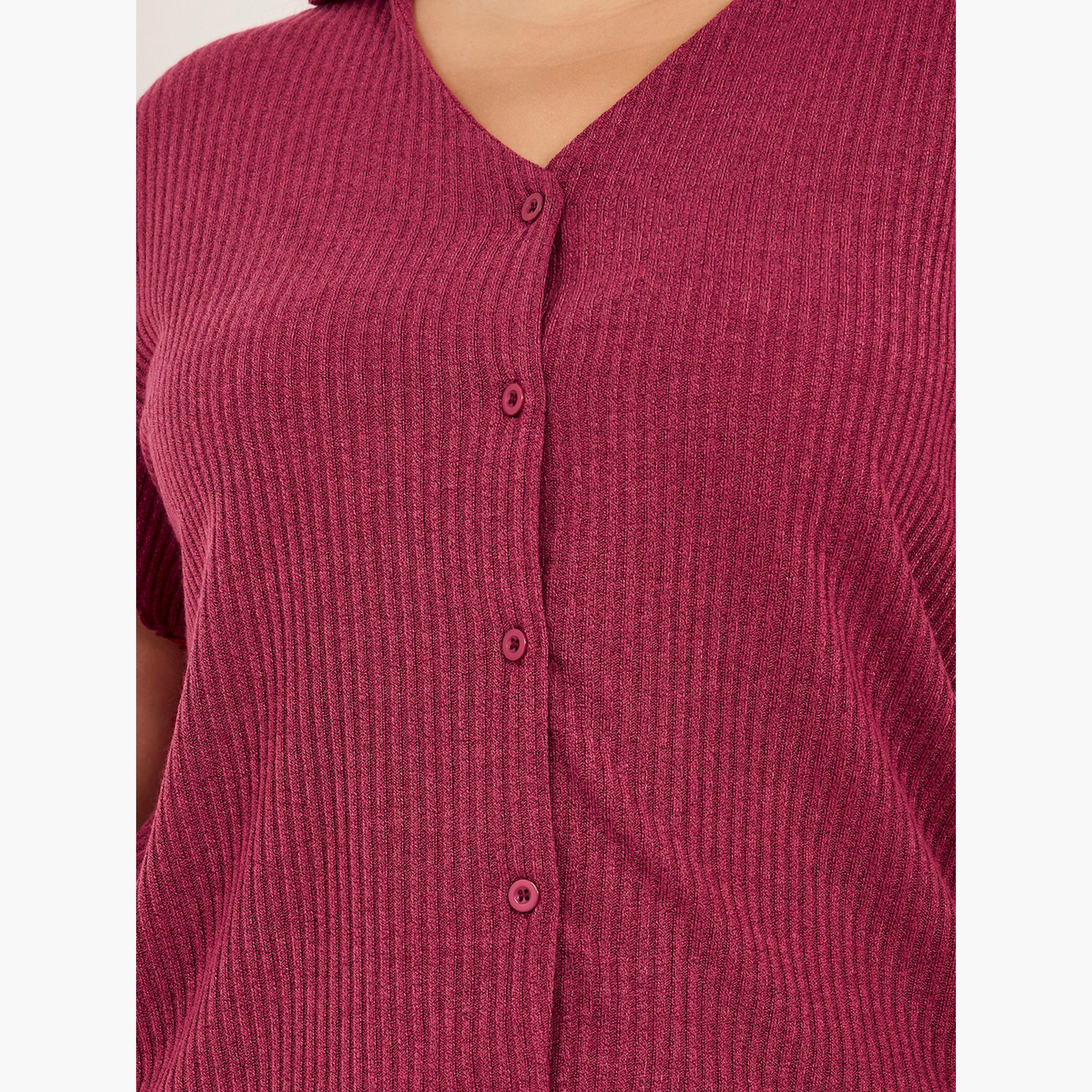 ستايلي - طقم تي شيرت محبوك بياقة V مع بنطال بيجامة بمقاسات كبيرة-women-clothing-nightwear-pyjamas-longsets-image-3