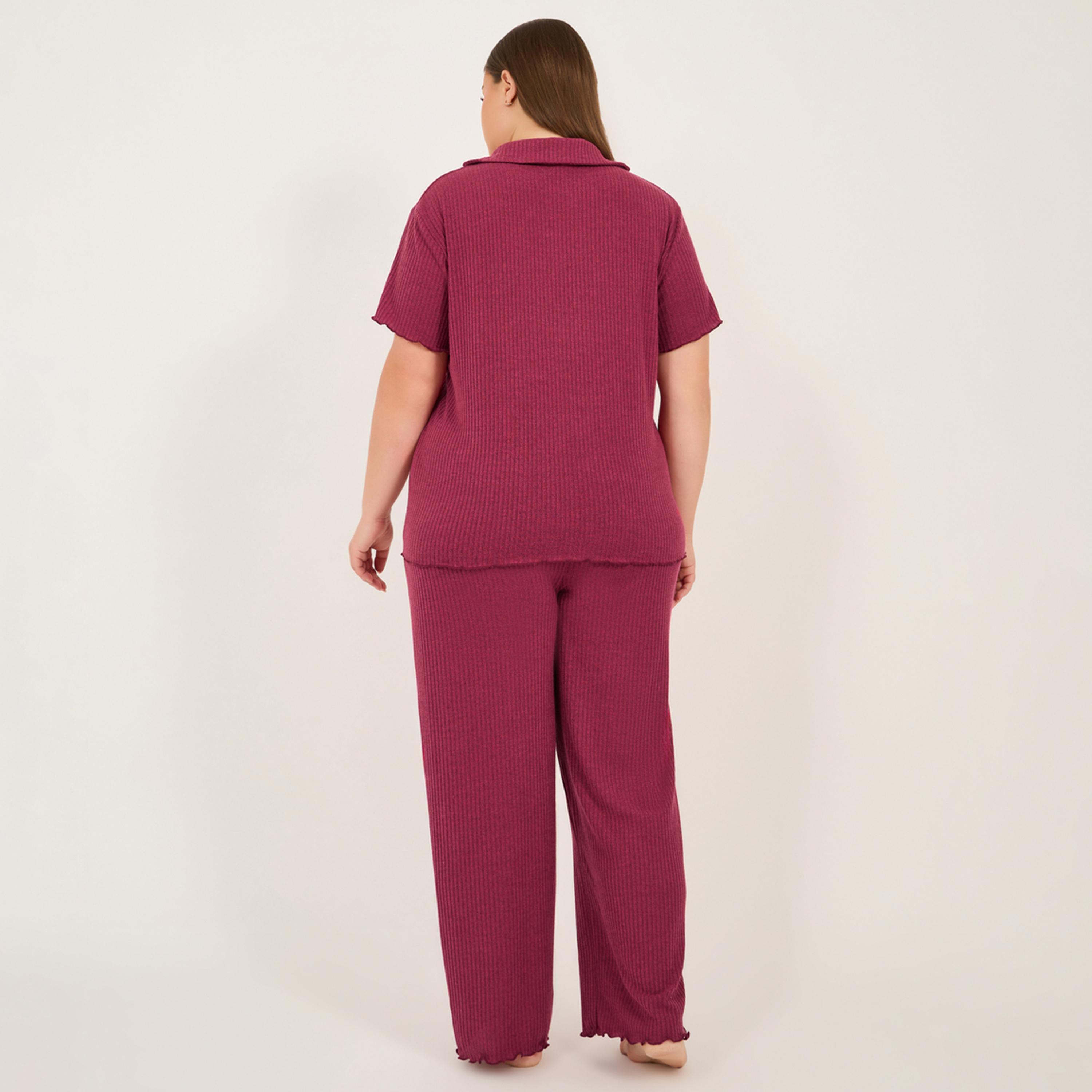Styli Plus Size Rib Knit V-Neck T-Shirt and Pyjama Set-women-clothing-nightwear-pyjamas-longsets-image-5