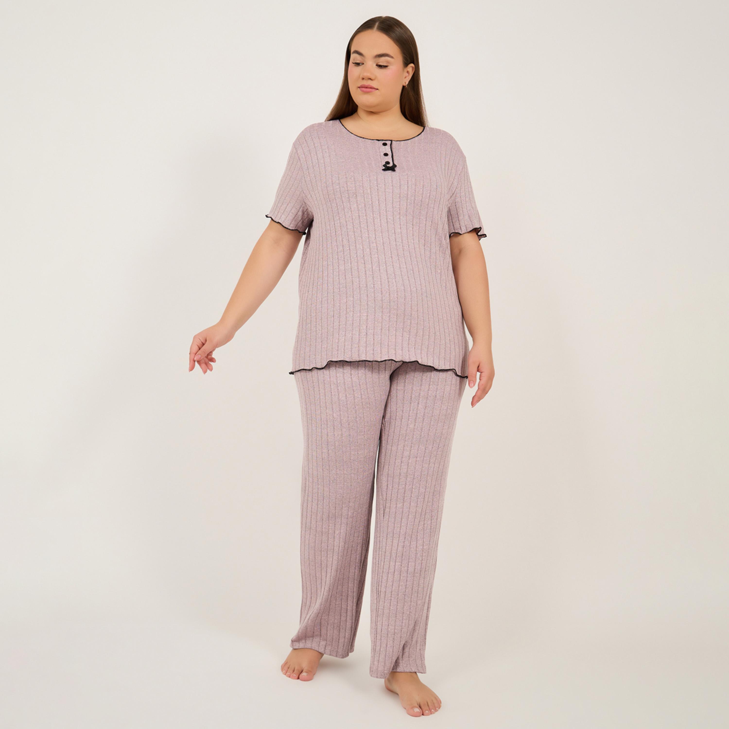 Styli Plus Size Rib Knit Round Neck Top and Pyjama Set-women-clothing-nightwear-pyjamas-longsets-image-1