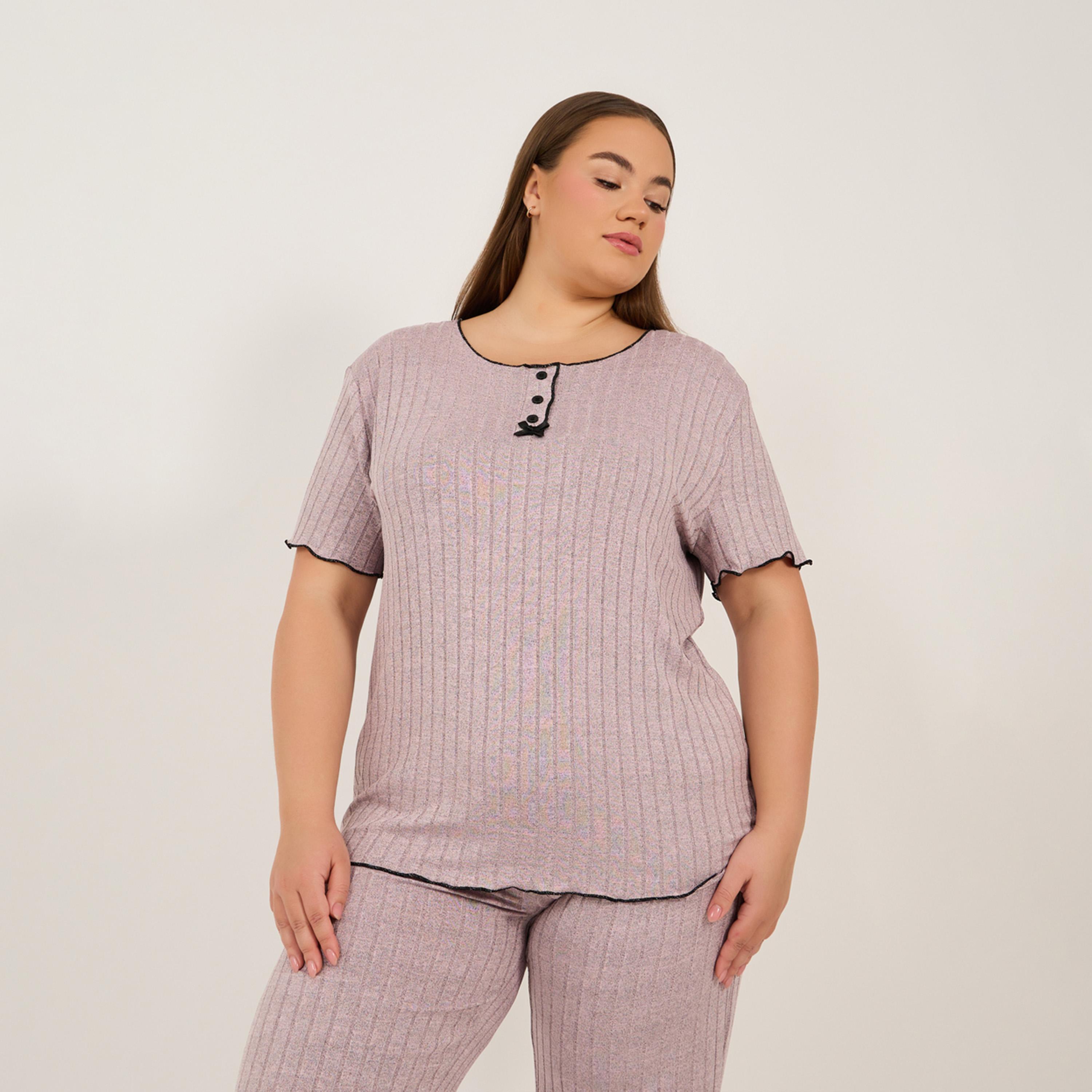 Styli Plus Size Rib Knit Round Neck Top and Pyjama Set-women-clothing-nightwear-pyjamas-longsets-image-2