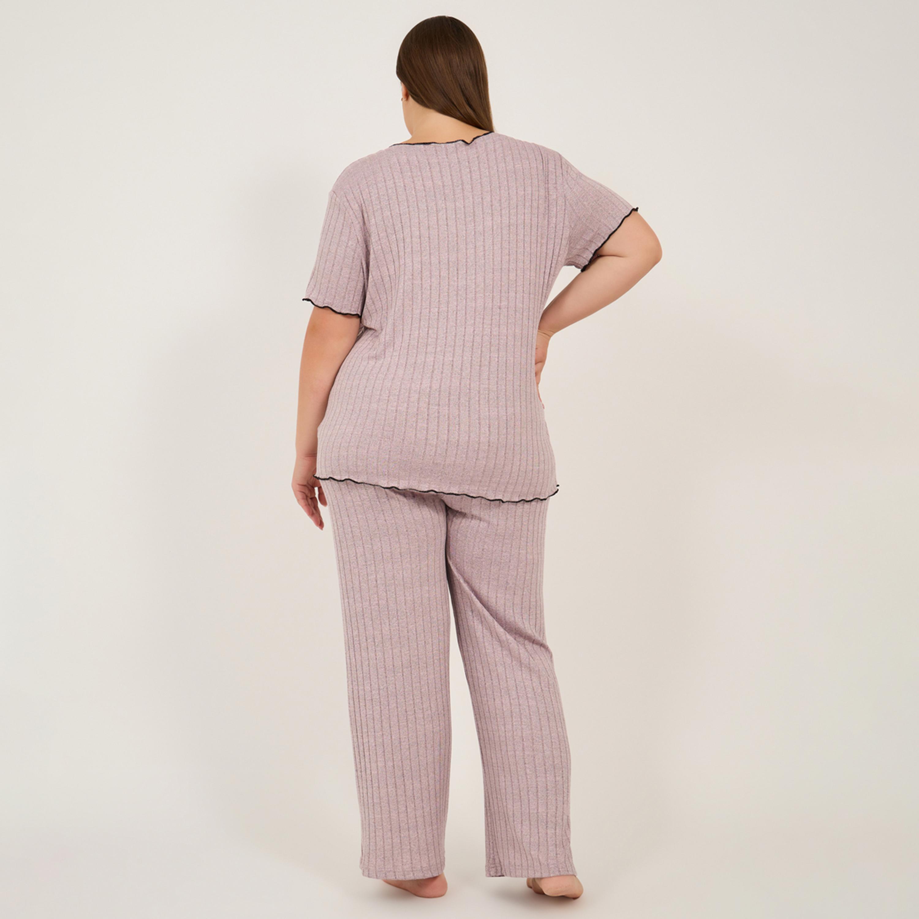 Styli Plus Size Rib Knit Round Neck Top and Pyjama Set-women-clothing-nightwear-pyjamas-longsets-image-5