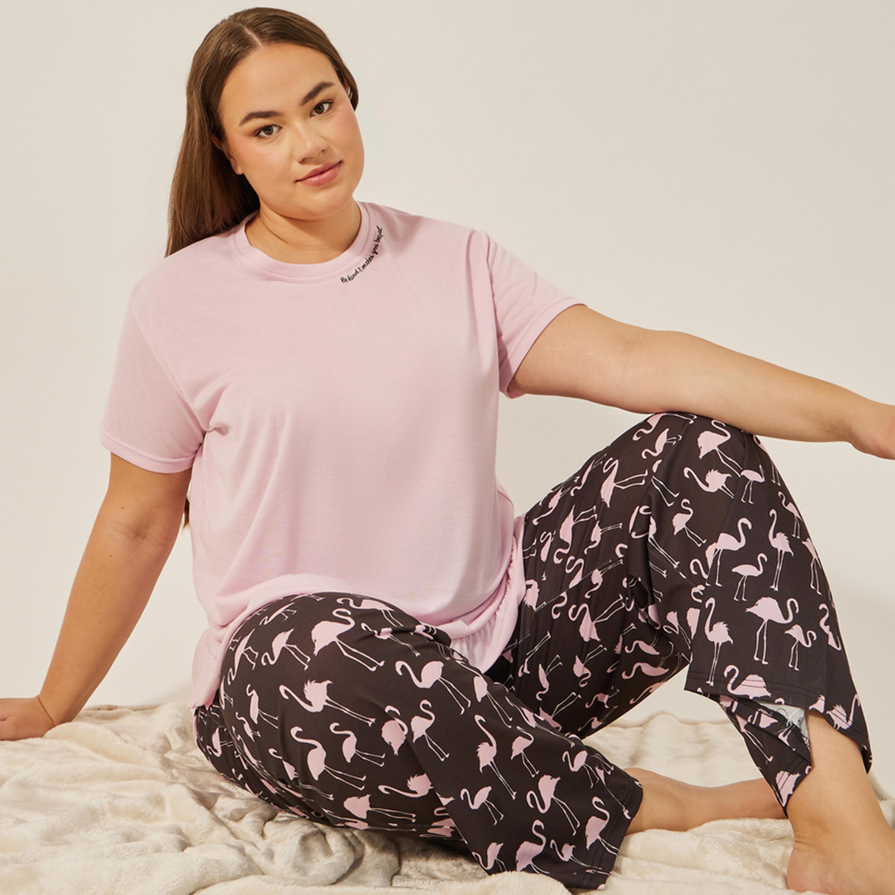 Styli Plus Size Slogan Print T-Shirt and Pyjama Set-women-clothing-nightwear-pyjamas-longsets-image-1