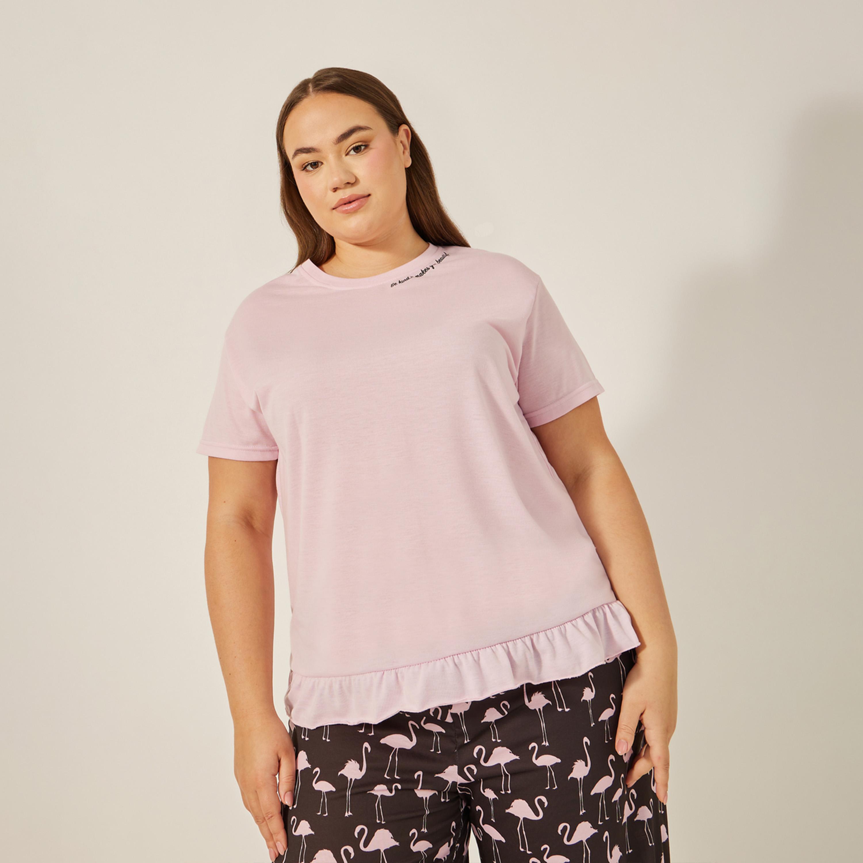 Styli Plus Size Slogan Print T-Shirt and Pyjama Set-women-clothing-nightwear-pyjamas-longsets-image-2