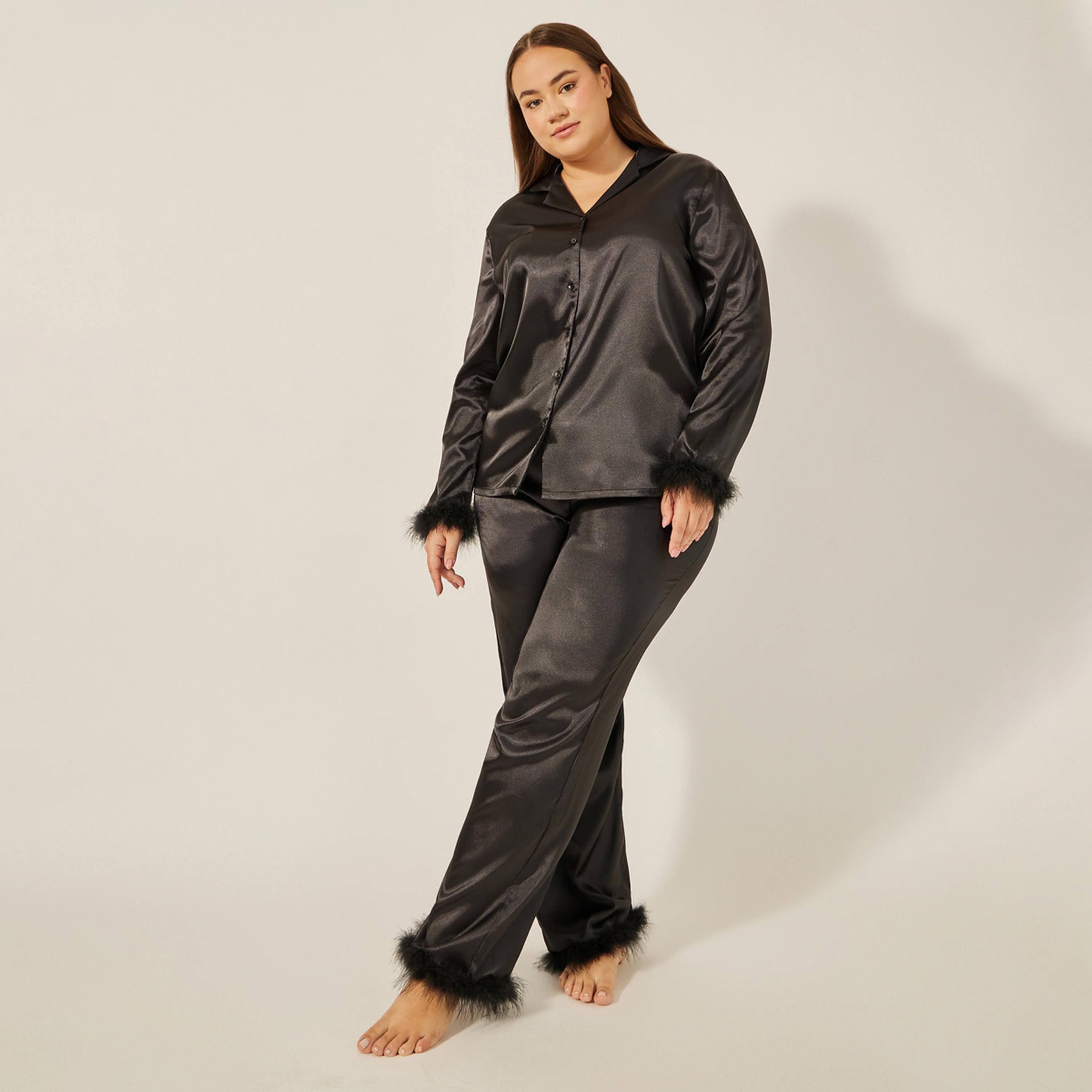 Styli Unwind Feather Trim Button Thru Shirt And Pj Set-women-clothing-nightwear-pyjamas-longsets-image-1